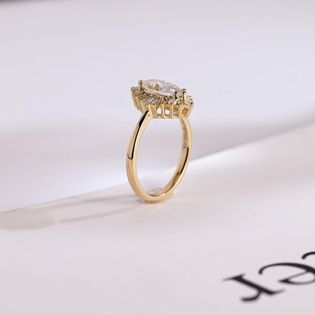 Solid Gold Marquise Cut Halo Moissanite Engagement Ring, Bridal Ring for Women