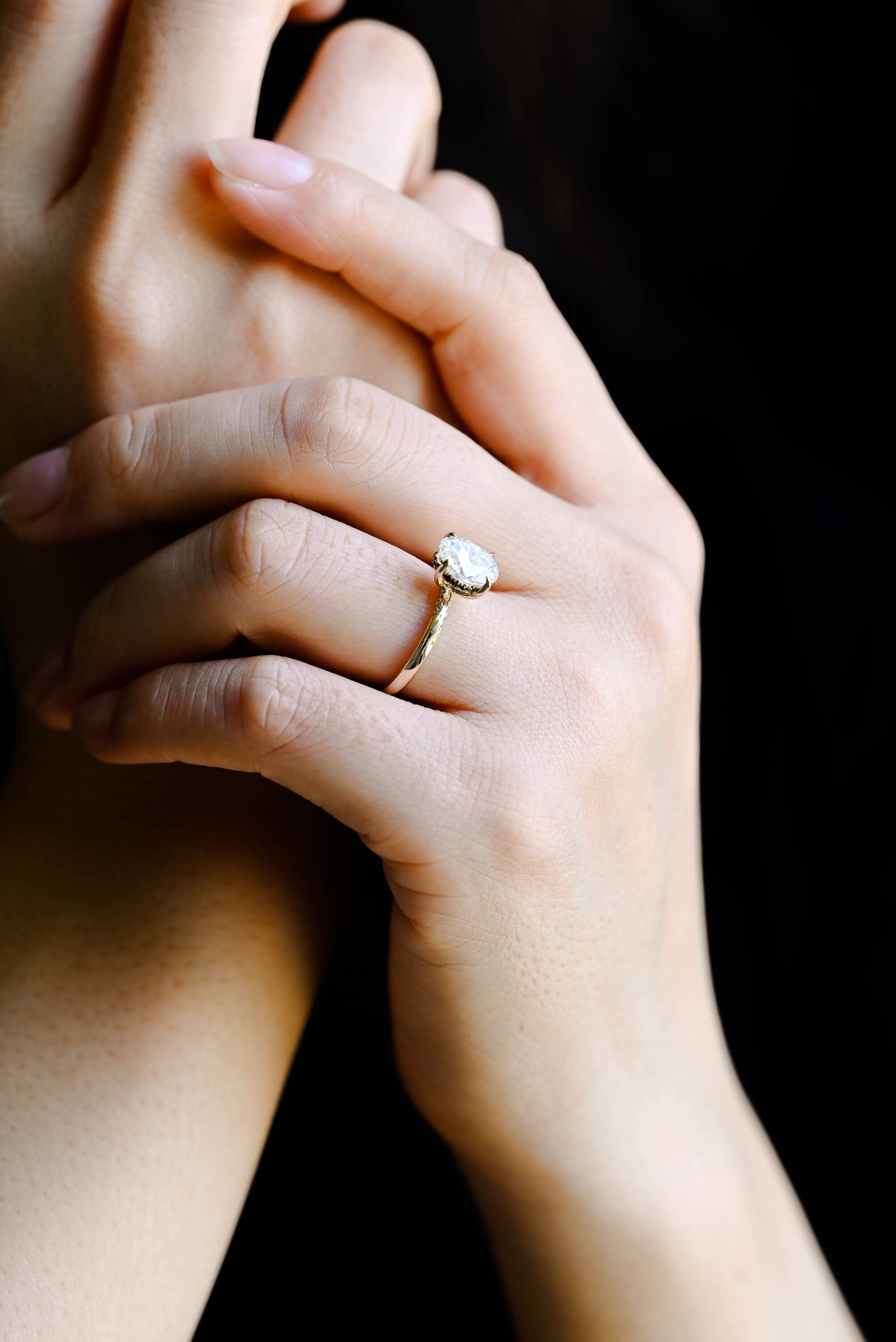Solid Gold Oval Cut Moissanite Engagement Ring with Black Moissanite Hidden Halo