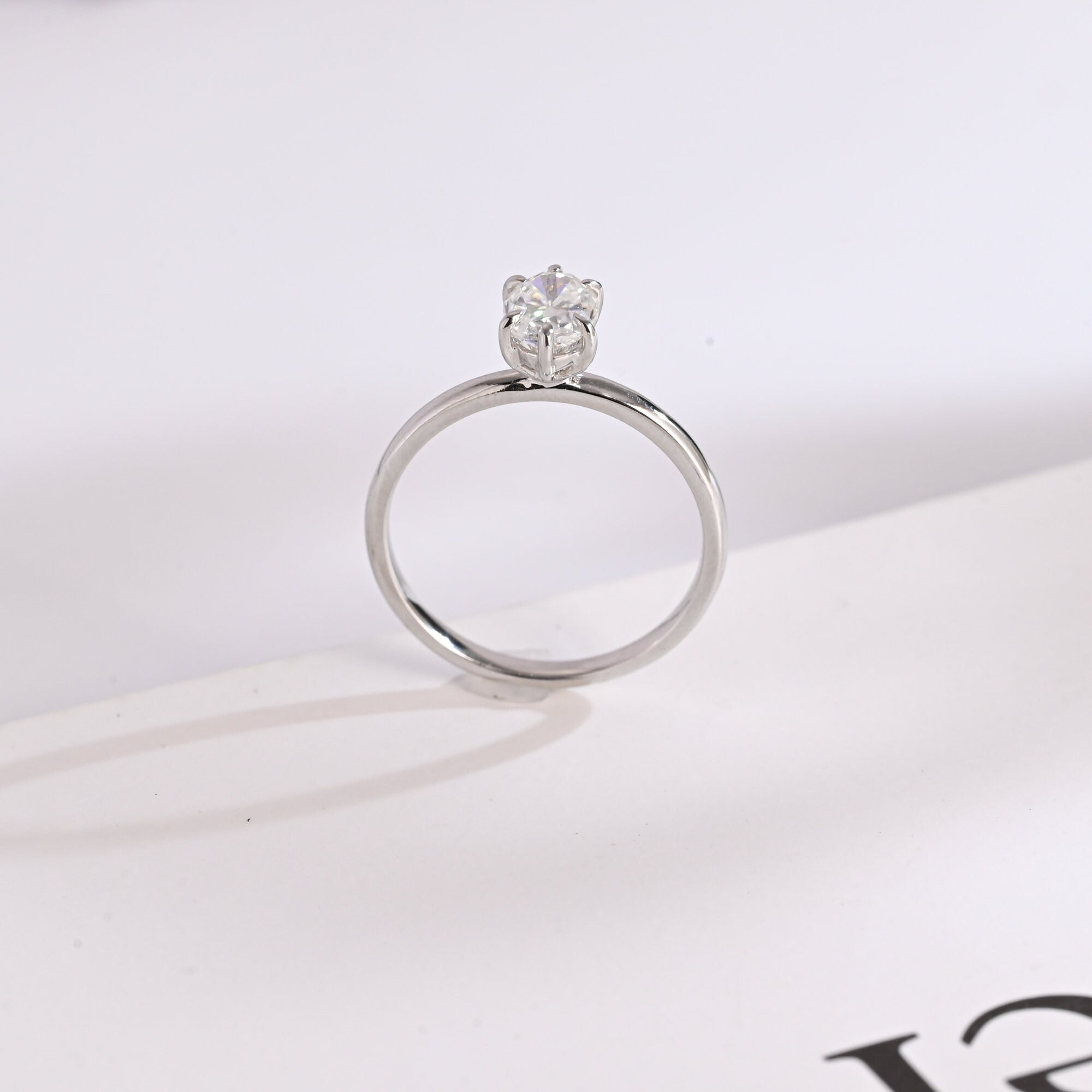 Solid Gold Solitaire Oval Cut Moissanite Engagement Ring with Six Prongs