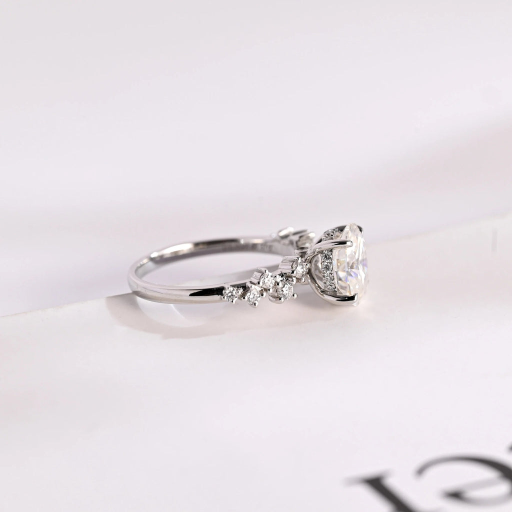 Solid Gold Oval Cut Moissanite Engagement Ring with Hidden Halo