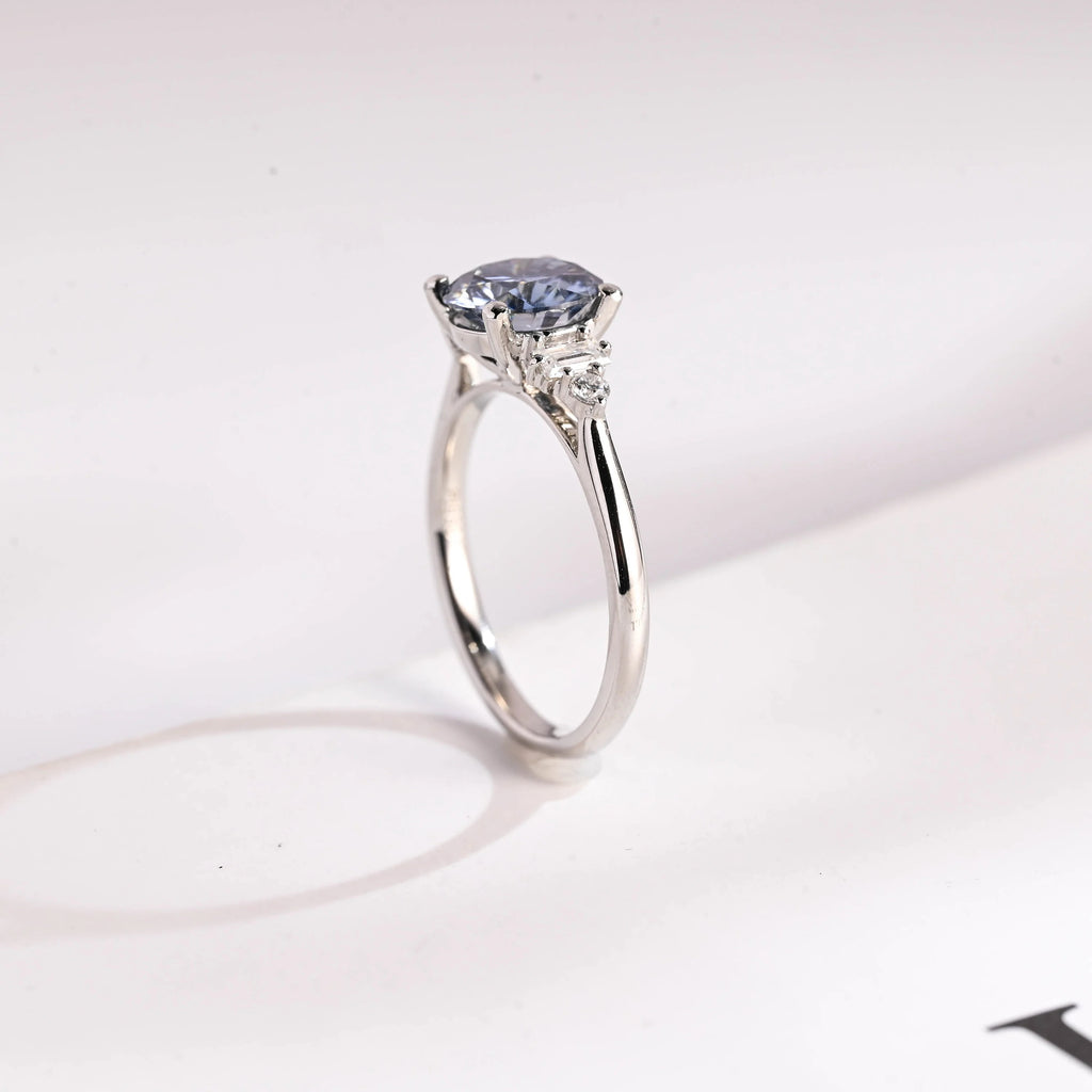 Solid Gold Light Blue Round Cut Moissanite Engagement Ring, Anniversary Gift for Her