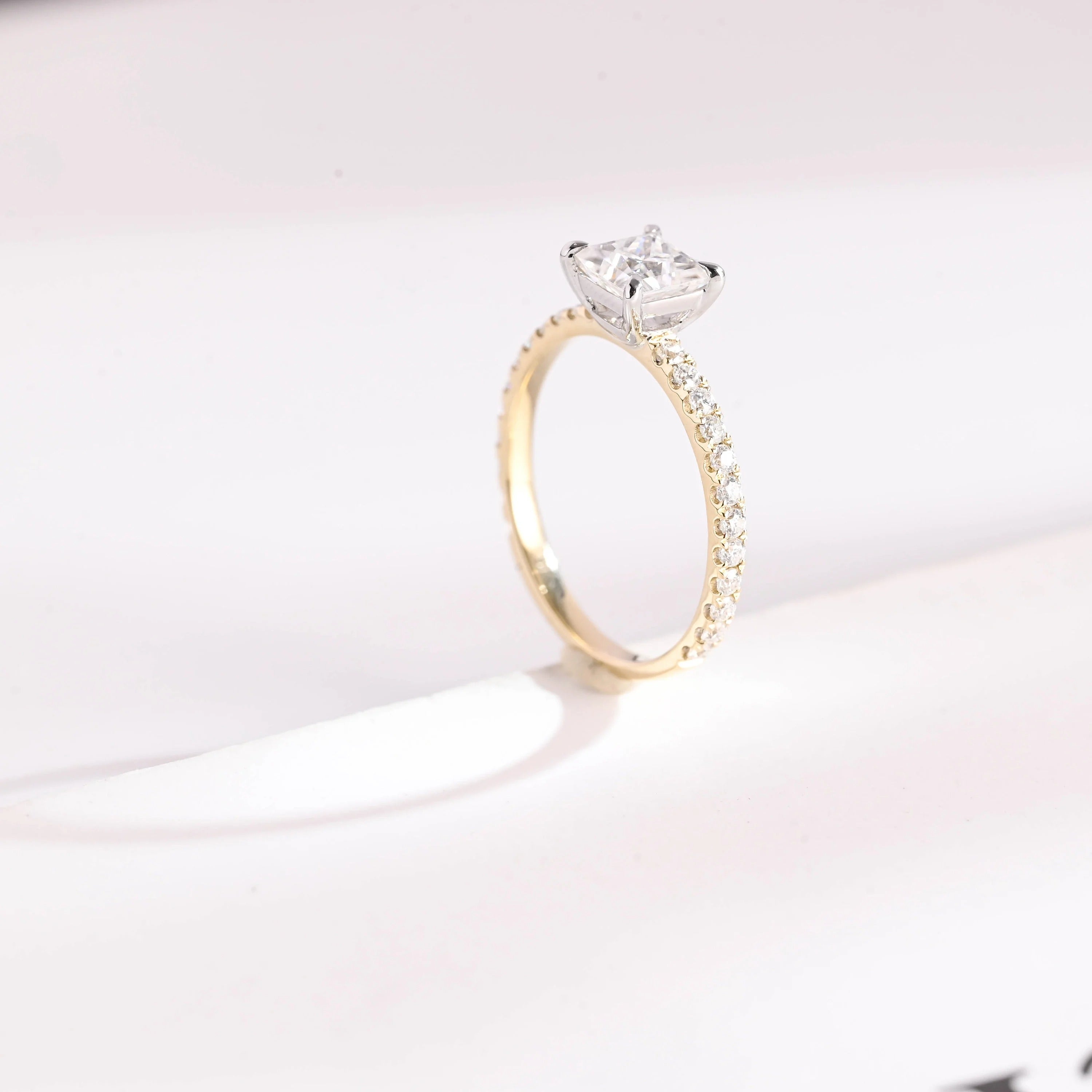 Solid Gold Two Tone Princess Cut Moissanite Engagement Ring, Anniversary Gift for Her