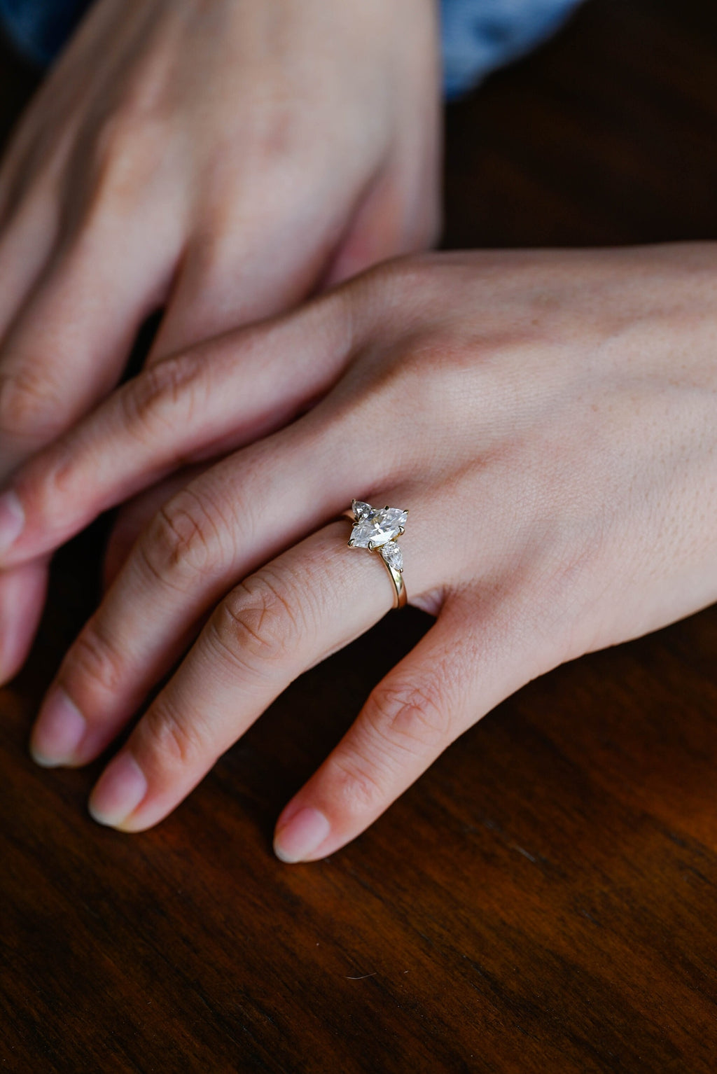 Solid Gold Marquise Cut Moissanite Engagement Ring, Three Stone Ring