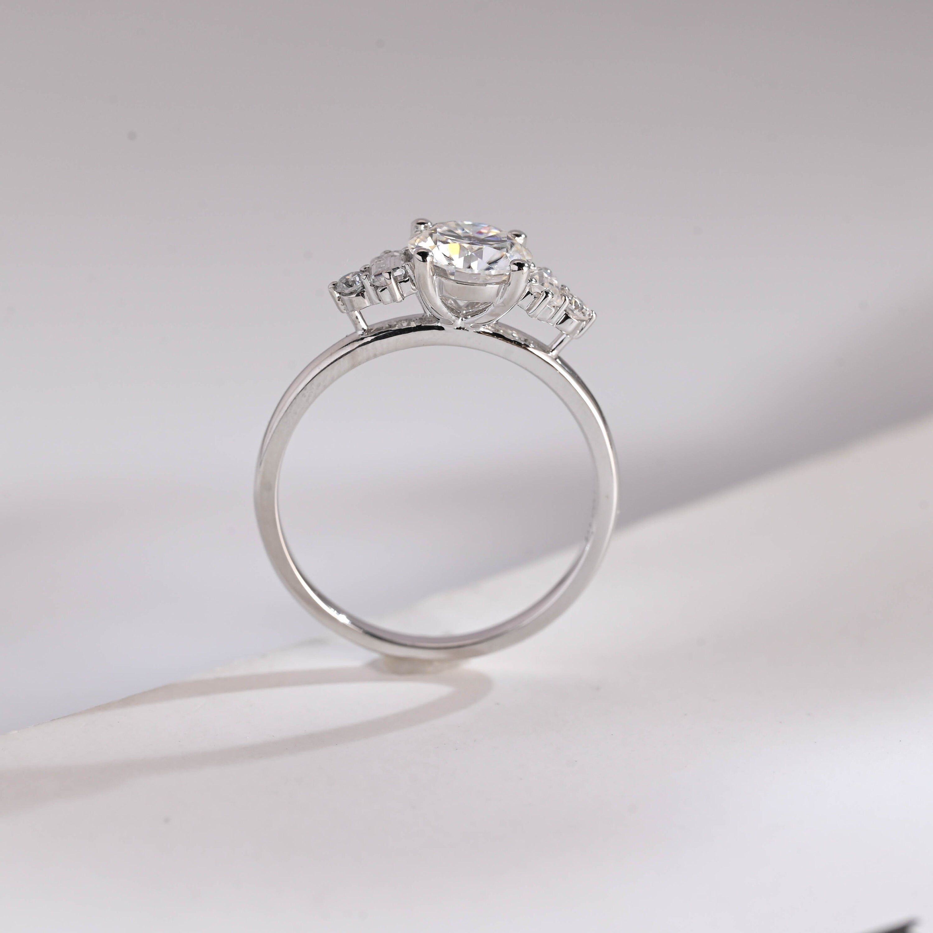 Three Stone Round Moissanite Engagement Ring, Solid Gold Dainty Anniversary Ring