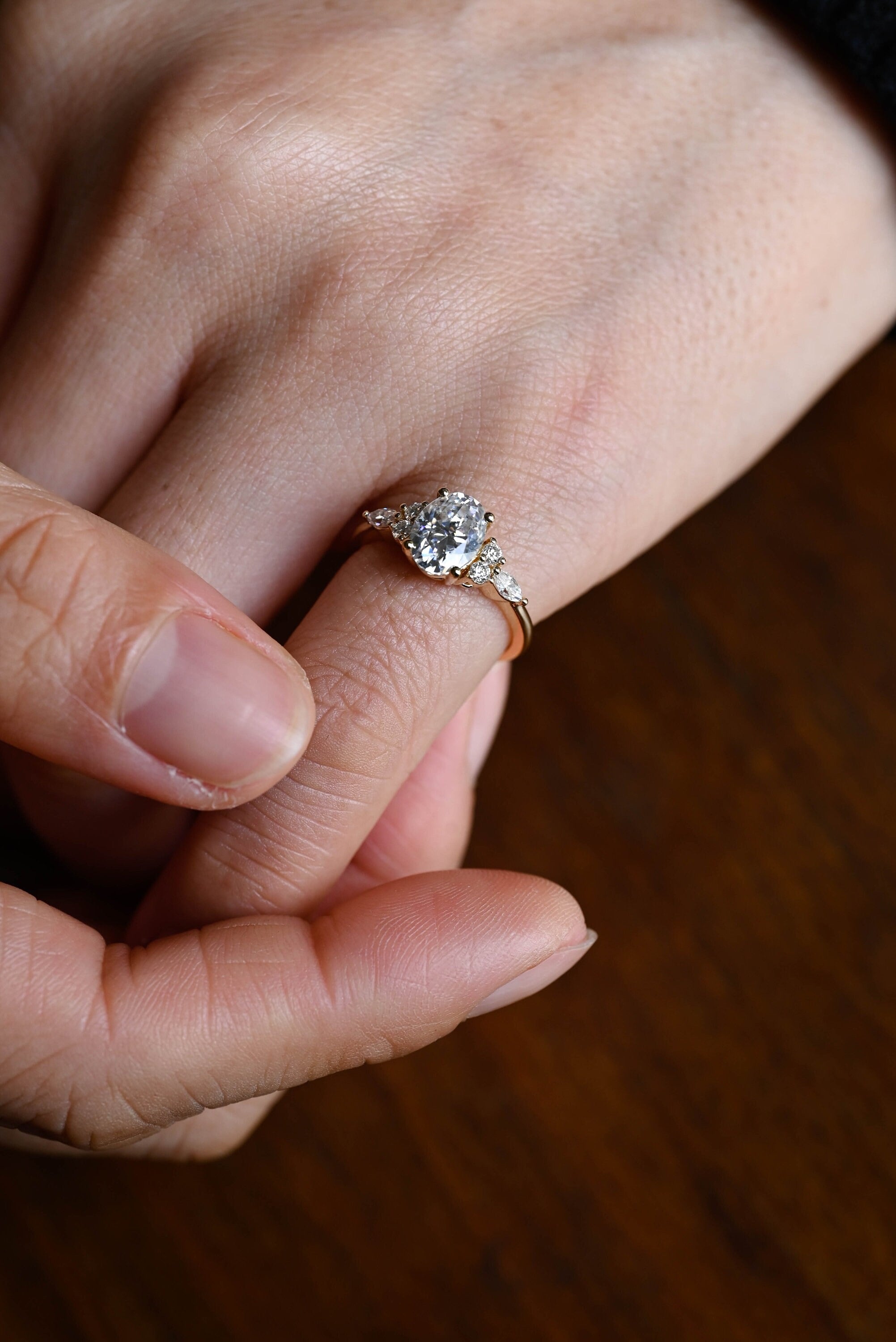 Solid Gold Oval Cut Cluster Moissanite Engagement Ring, Promise Ring