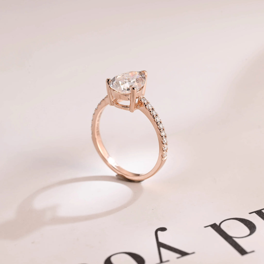 Solid Gold Pear Cut Moissanite Engagement Ring, Half Pave Proposal Ring