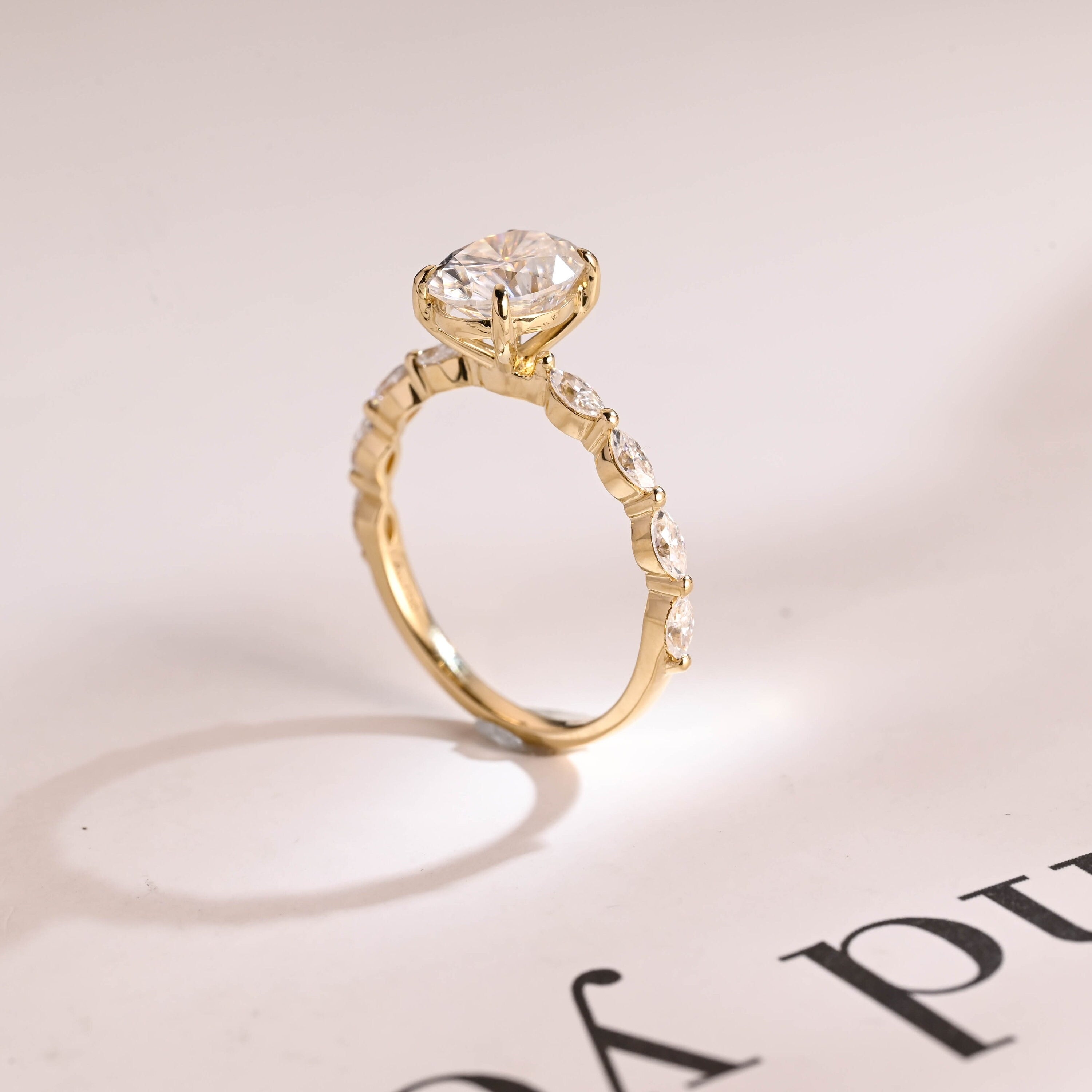 Solid Gold Oval Moissanite Engagement Ring with Marquise Moissanite Accent Secondary image