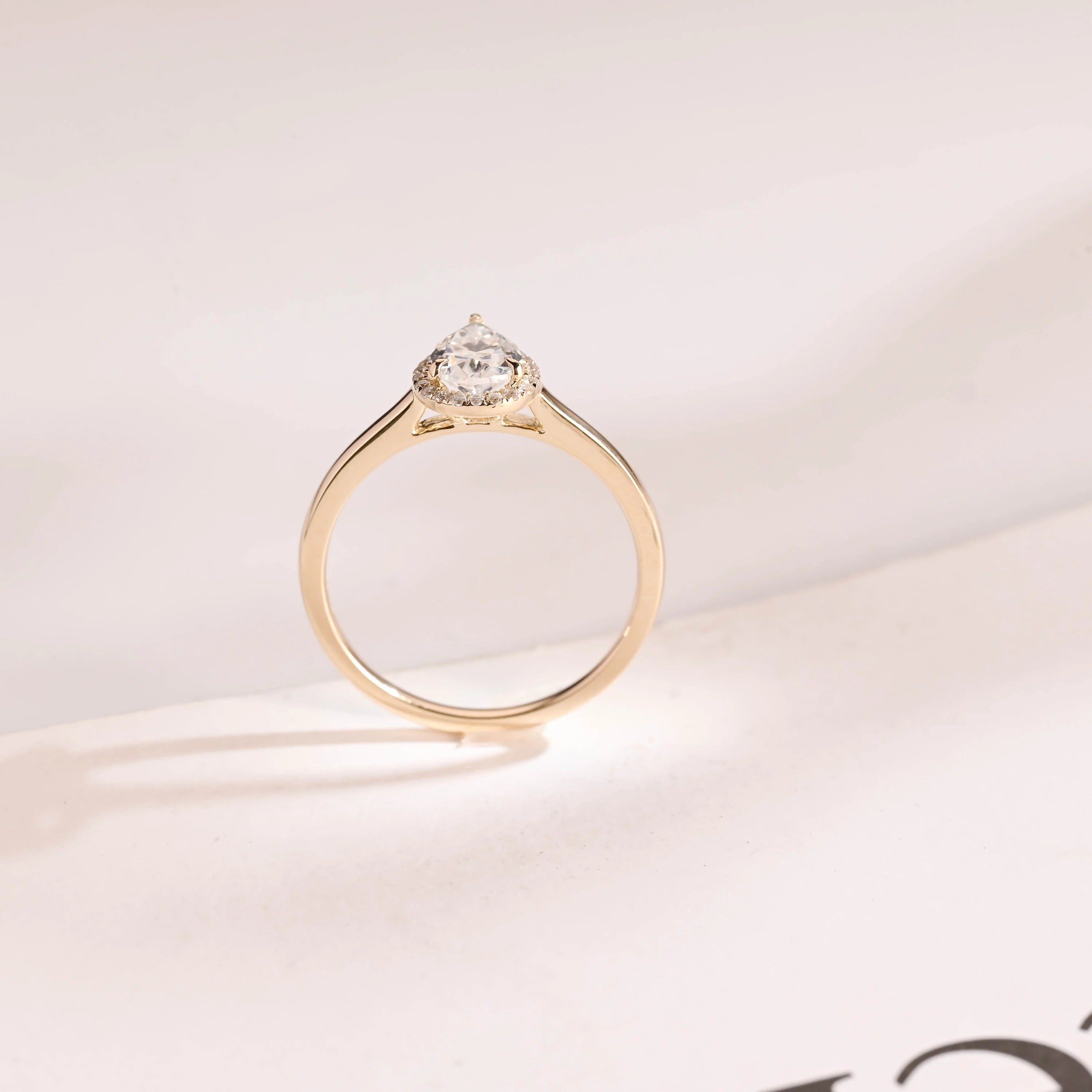Solid Gold Pear Moissanite Engagement Ring, Flower Halo Promise Ring for Her
