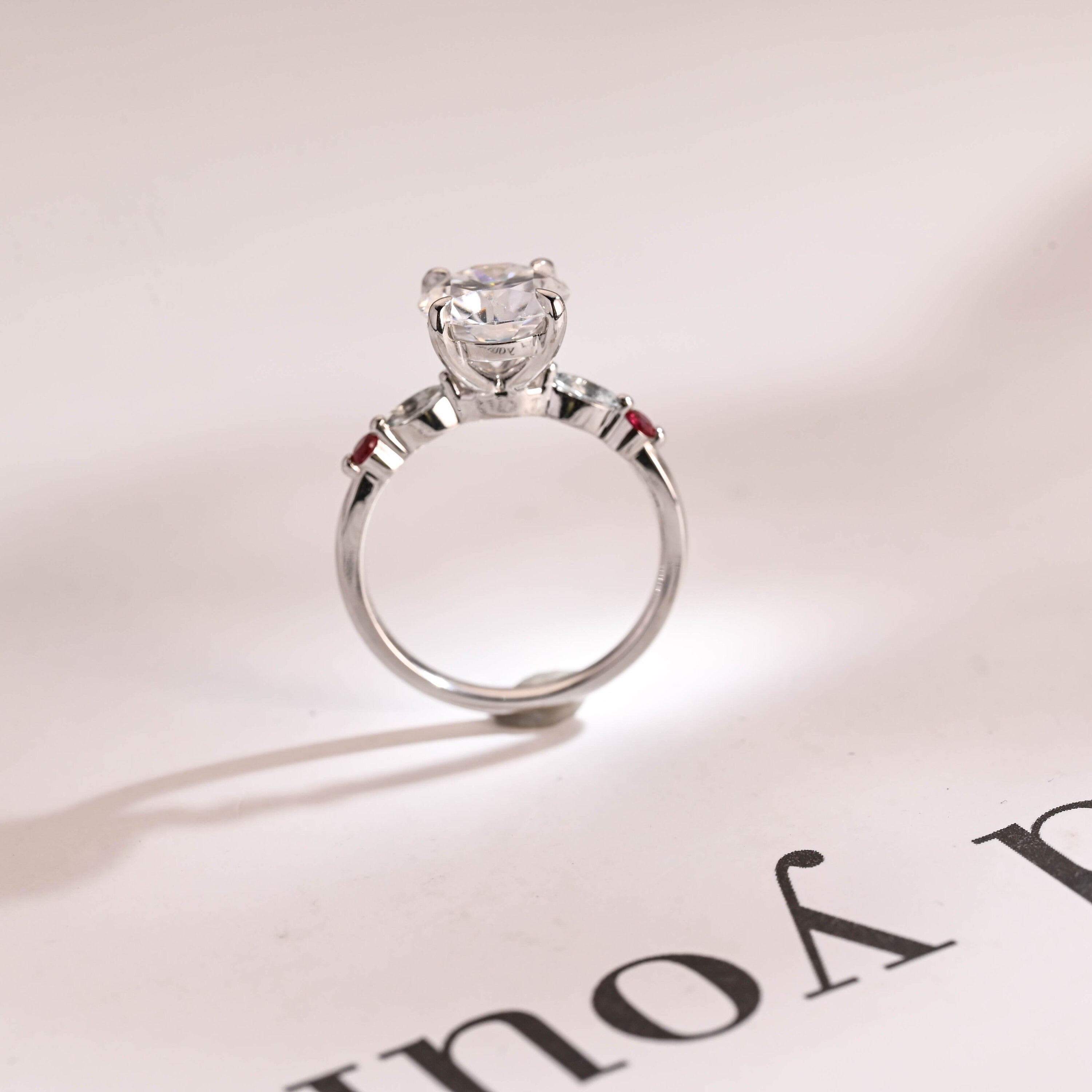 Solid Gold Round Moissanite Engagement Ring, Aquamarine & Ruby Side Stone Ring