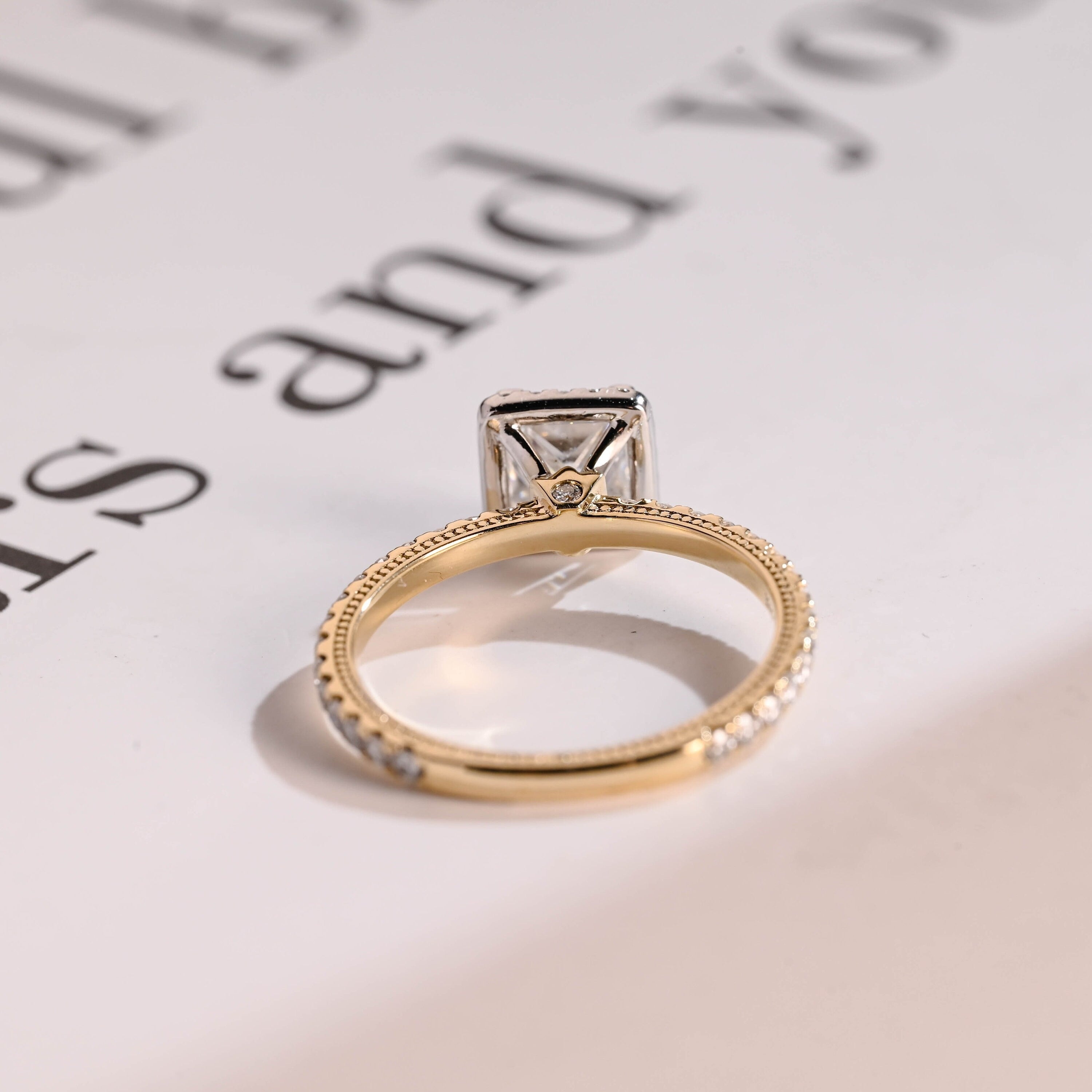 Solid Gold Two Tone Princess Moissanite Engagement Ring, Halo Bridal Ring