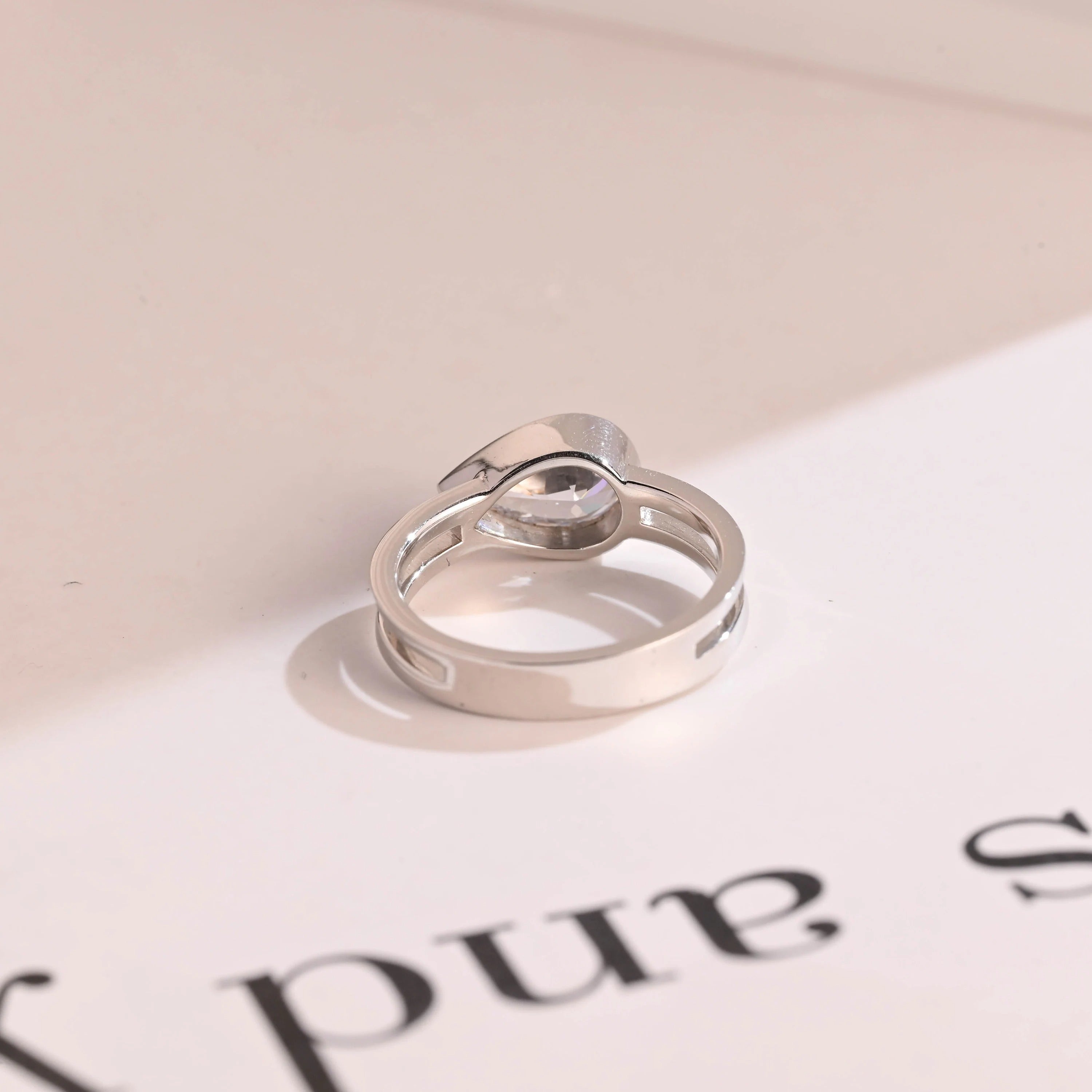 Solid Gold Pear Cut Moissanite Engagement Ring, Double Band Ring