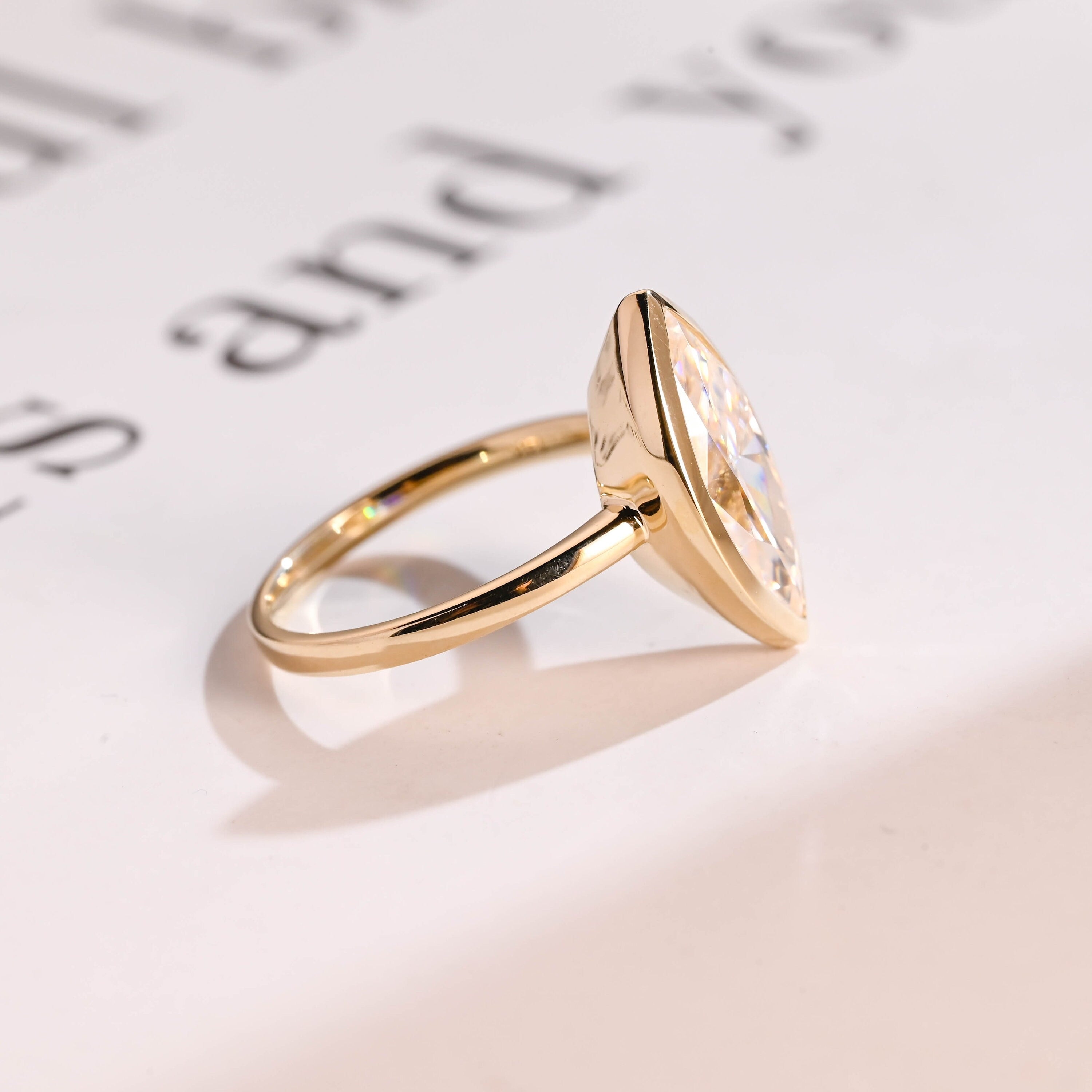 Solid Gold Marquise Moissanite Engagement Ring, Vintage Bezel Ring