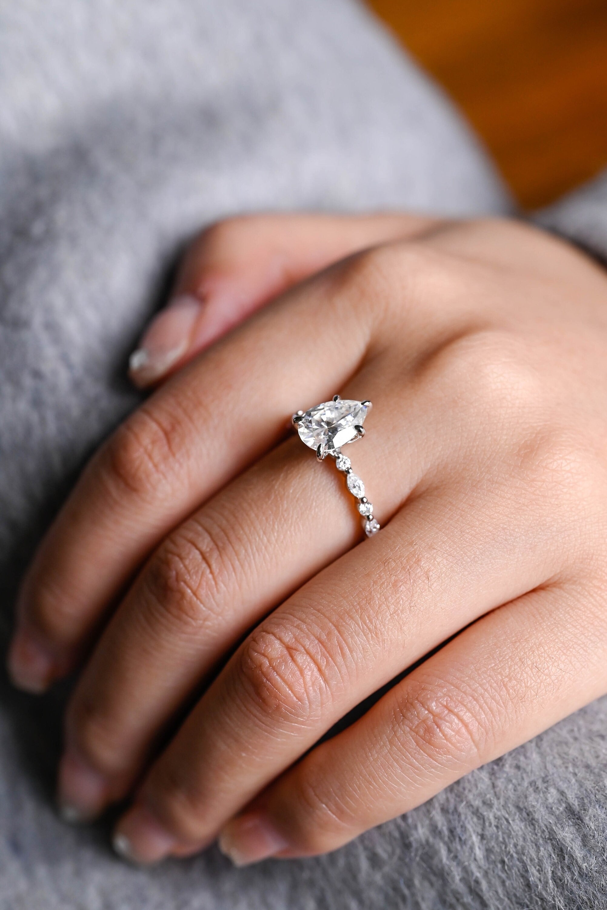 Solid Gold Pear Cut Moissanite Engagement Ring, Half Pave Proposal Ring