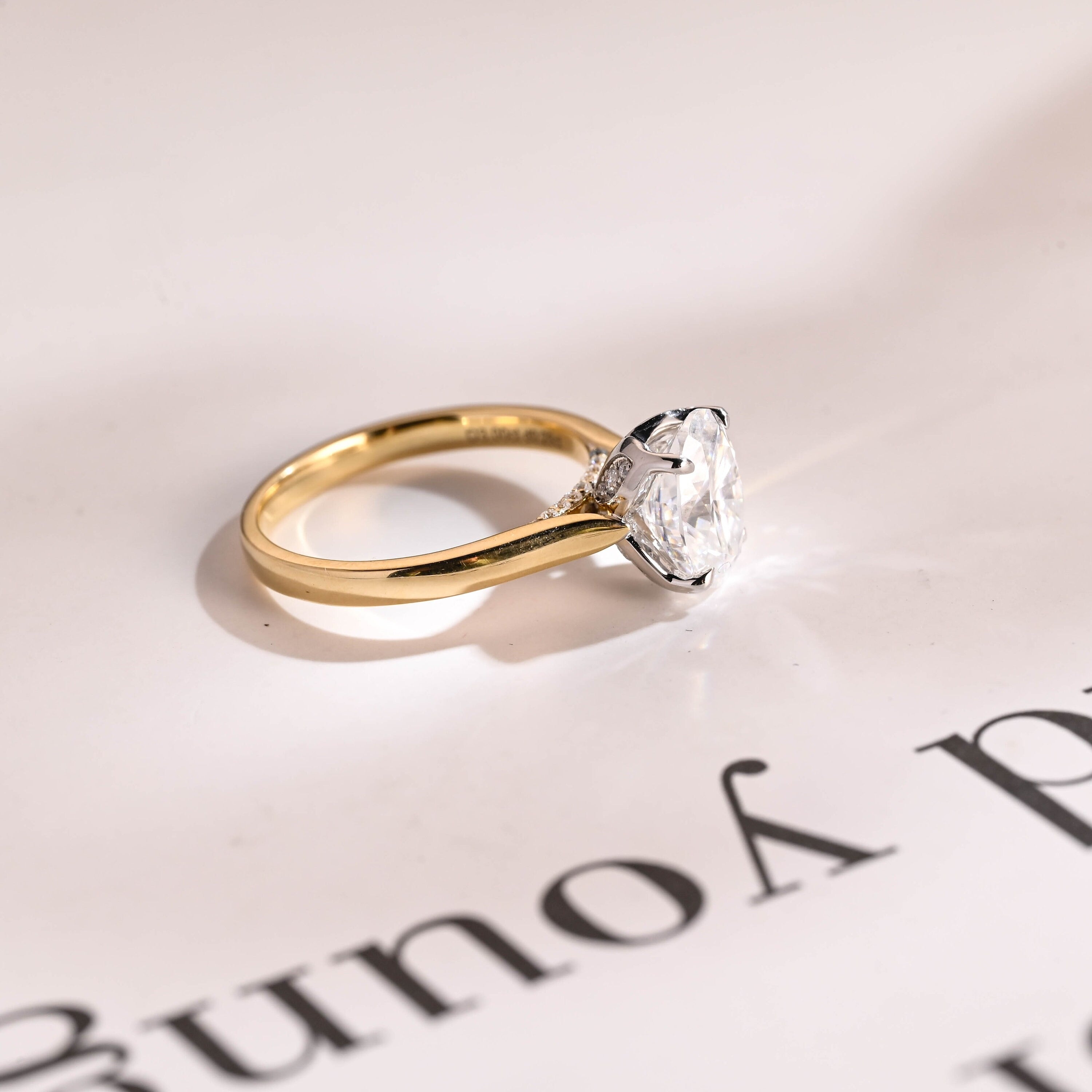 Solid Gold Oval Cut Moissanite Engagement Ring, Two Tone Ring