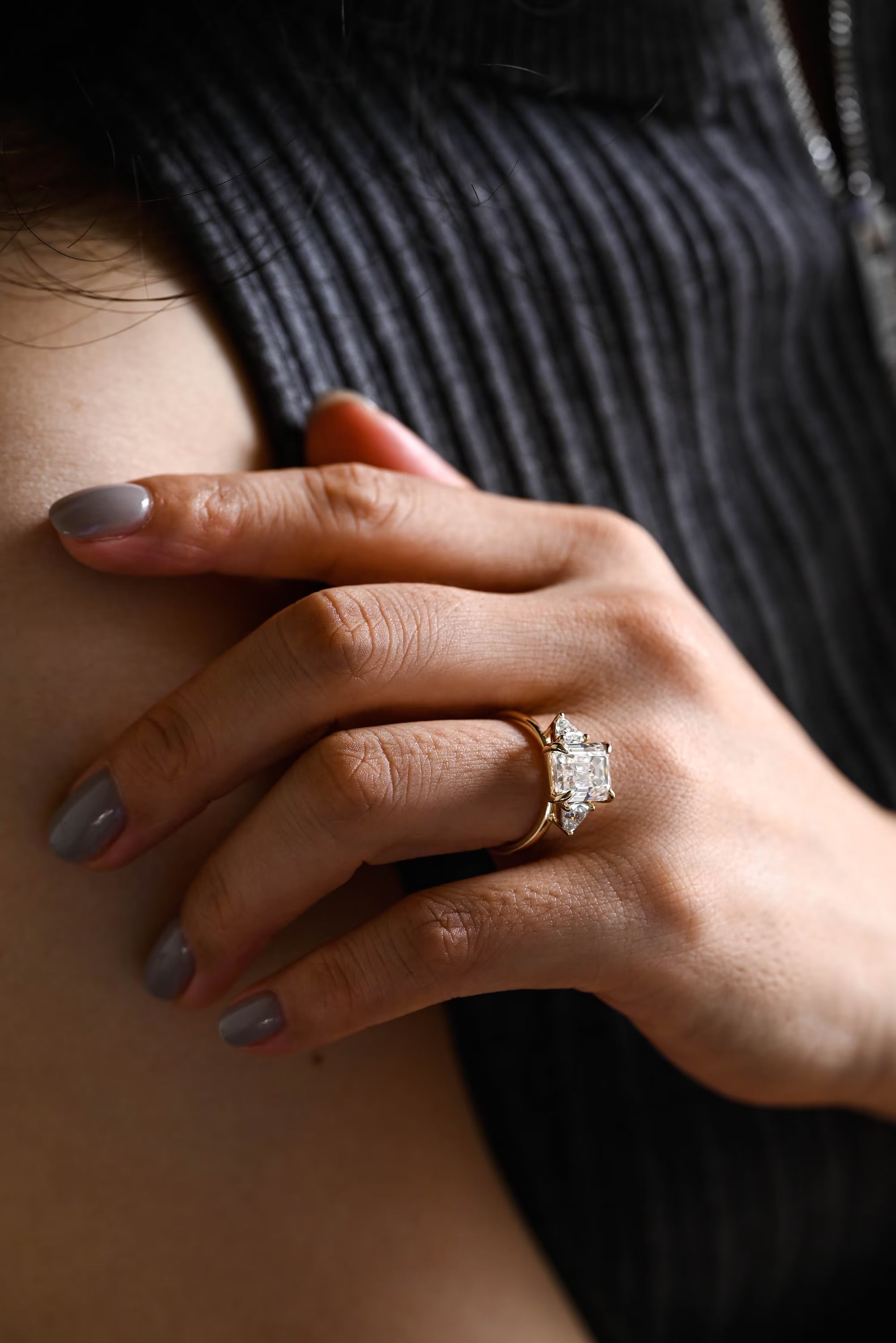 Solid Gold Emerald Cut Moissanite Engagement Ring With Trillion Accent, Three Stone Ring