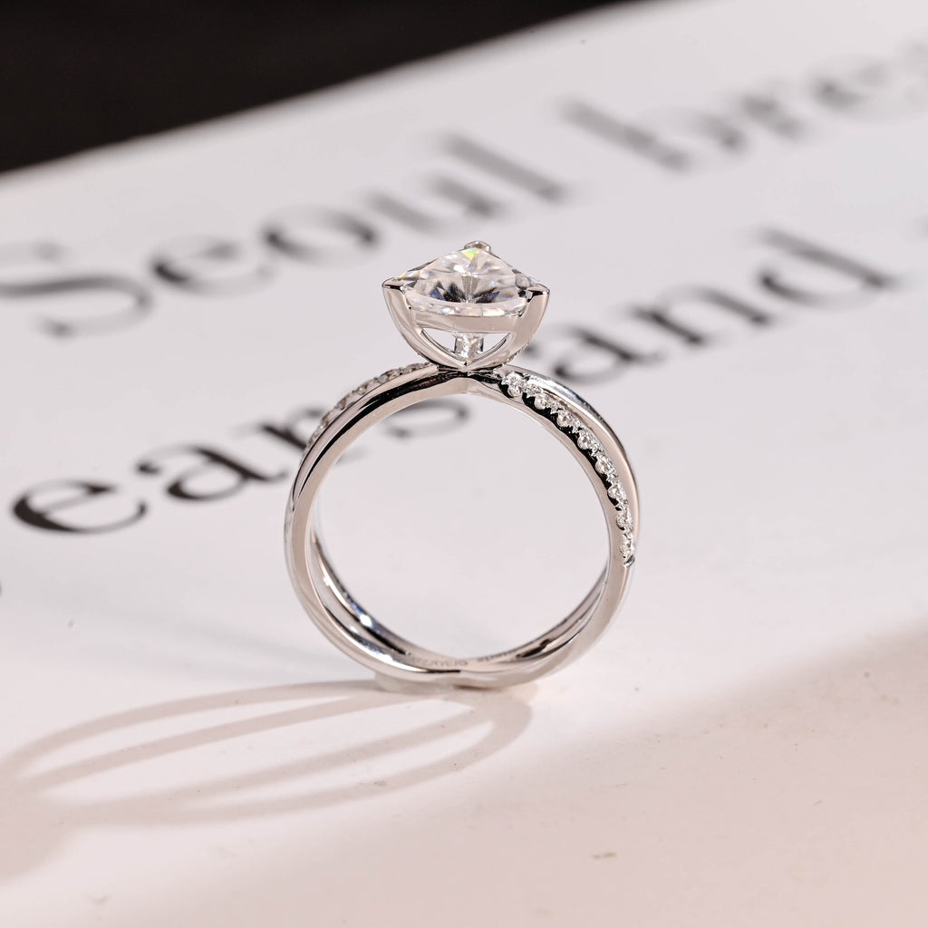 Solid Gold Trillion Cut Moissanite Engagement Ring, Double Band Open Shank Twisted Ring