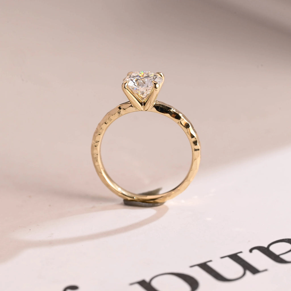 Solid Gold Round Cut Moissanite Engagement Ring, Hammered Ring