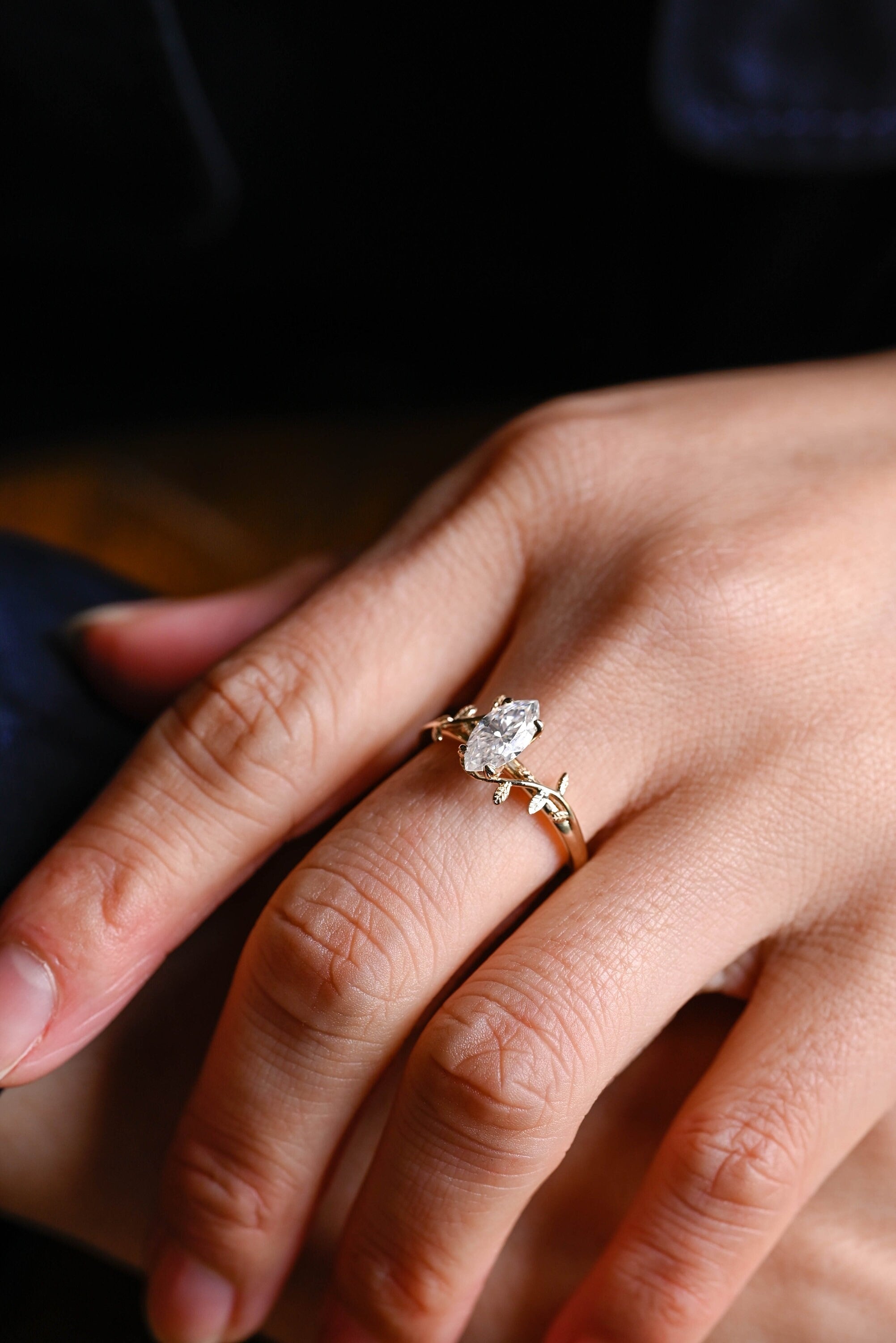 Solid Gold Leaf Ring, Marquise Moissanite Engagement Ring, Proposal Ring