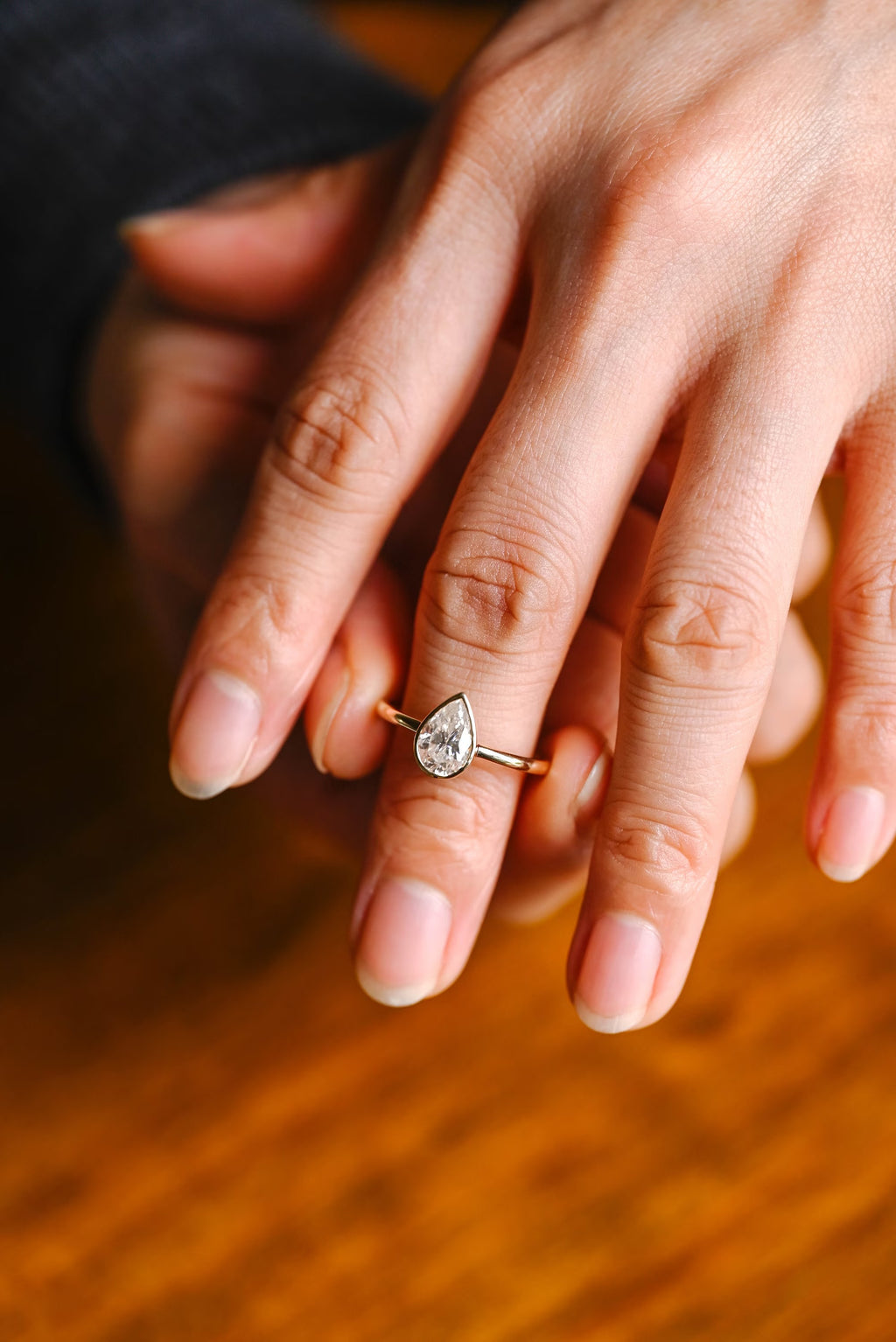 Solid Gold Pear Moissanite Engagement Ring with Bezel, Dainty Ring