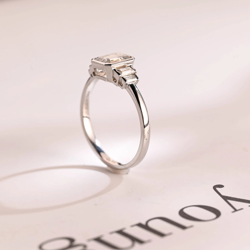 Solid Gold Emerald & Baguette Cut Moissanite Engagement Ring, Minimalist Cluster Bezel Ring