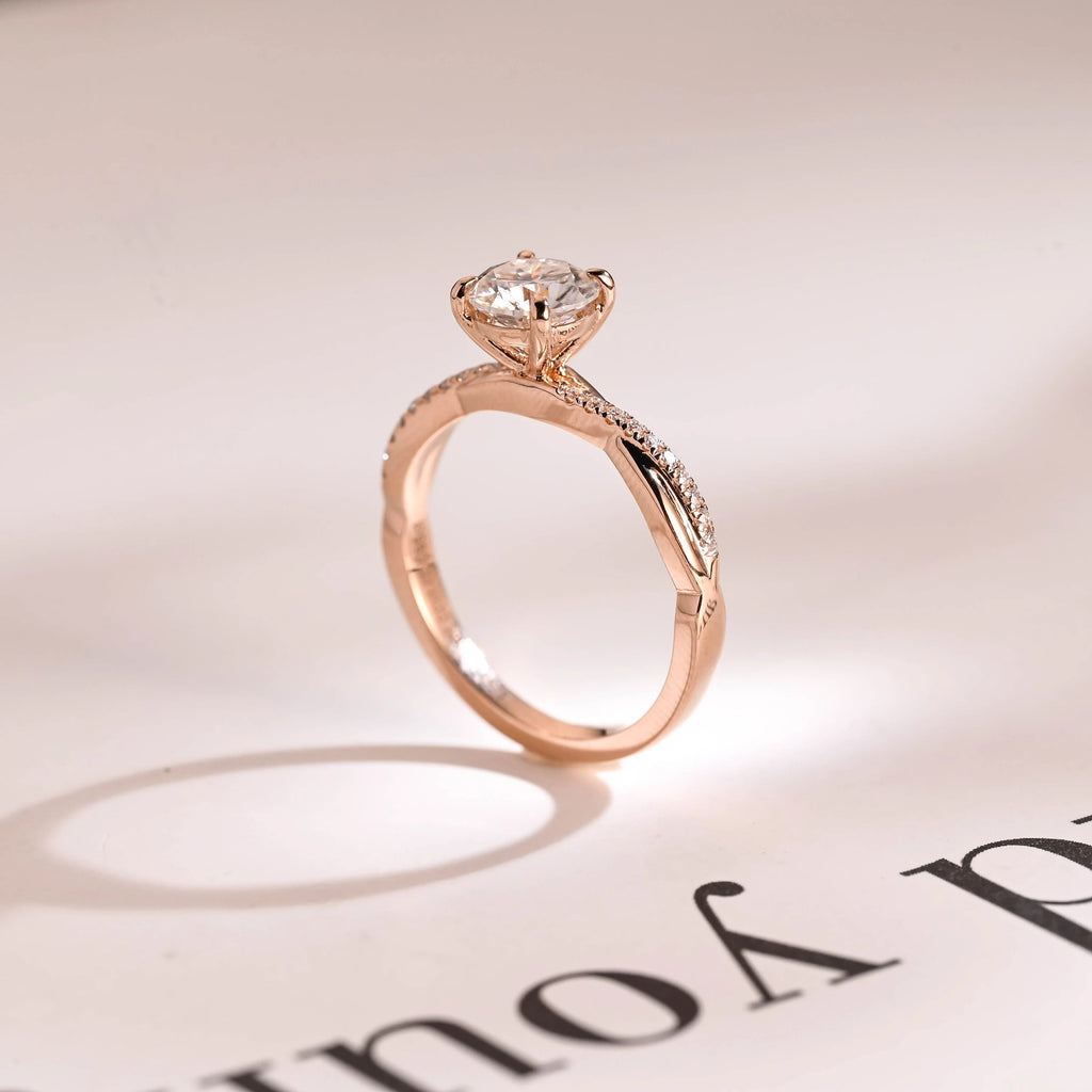 Solid Gold Round Moissanite Engagement Ring, Twisted Band Half Pave Anniversary Ring