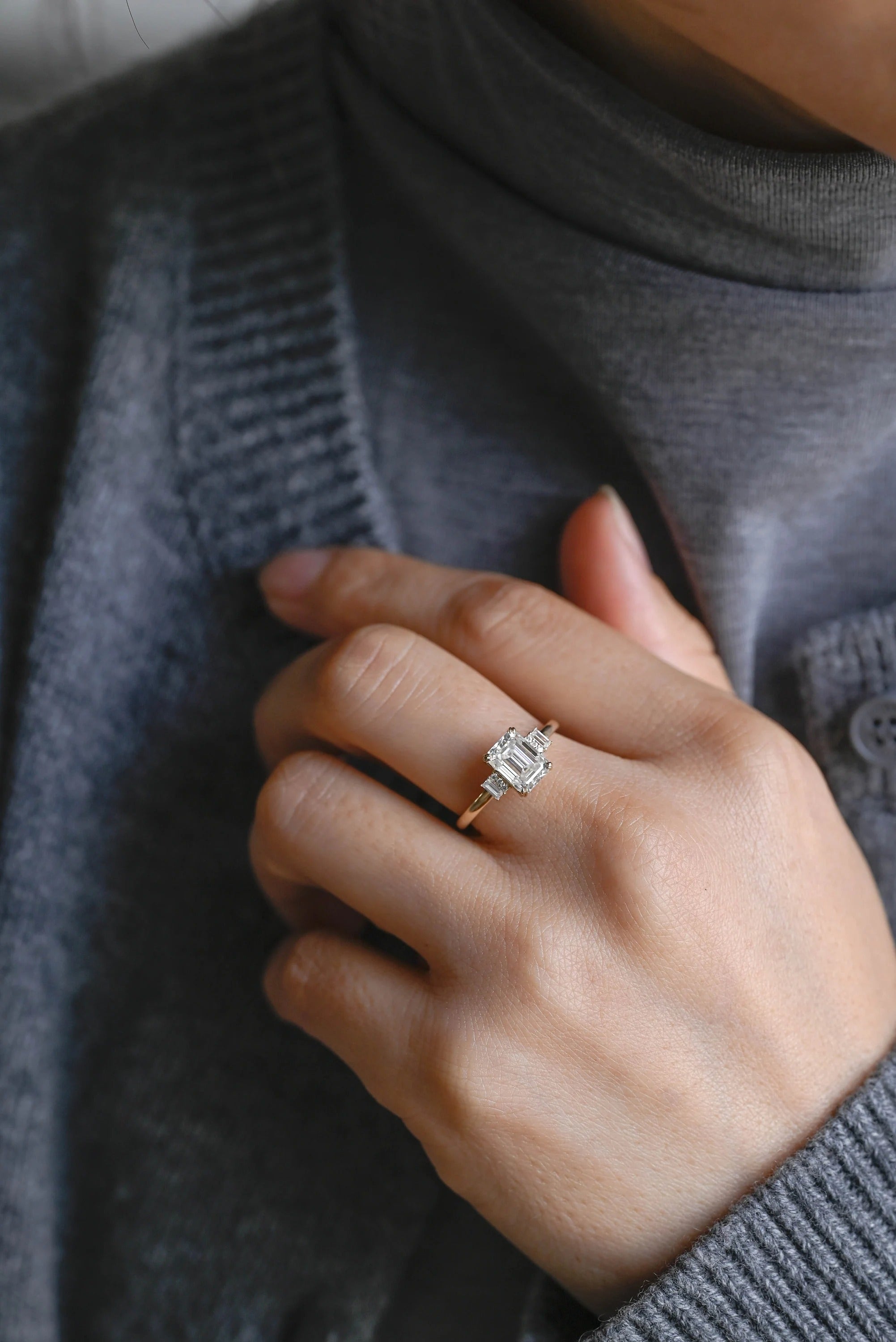 Solid Gold Emerald Cut Moissanite Engagement Ring, Dainty Cluster Promise Ring