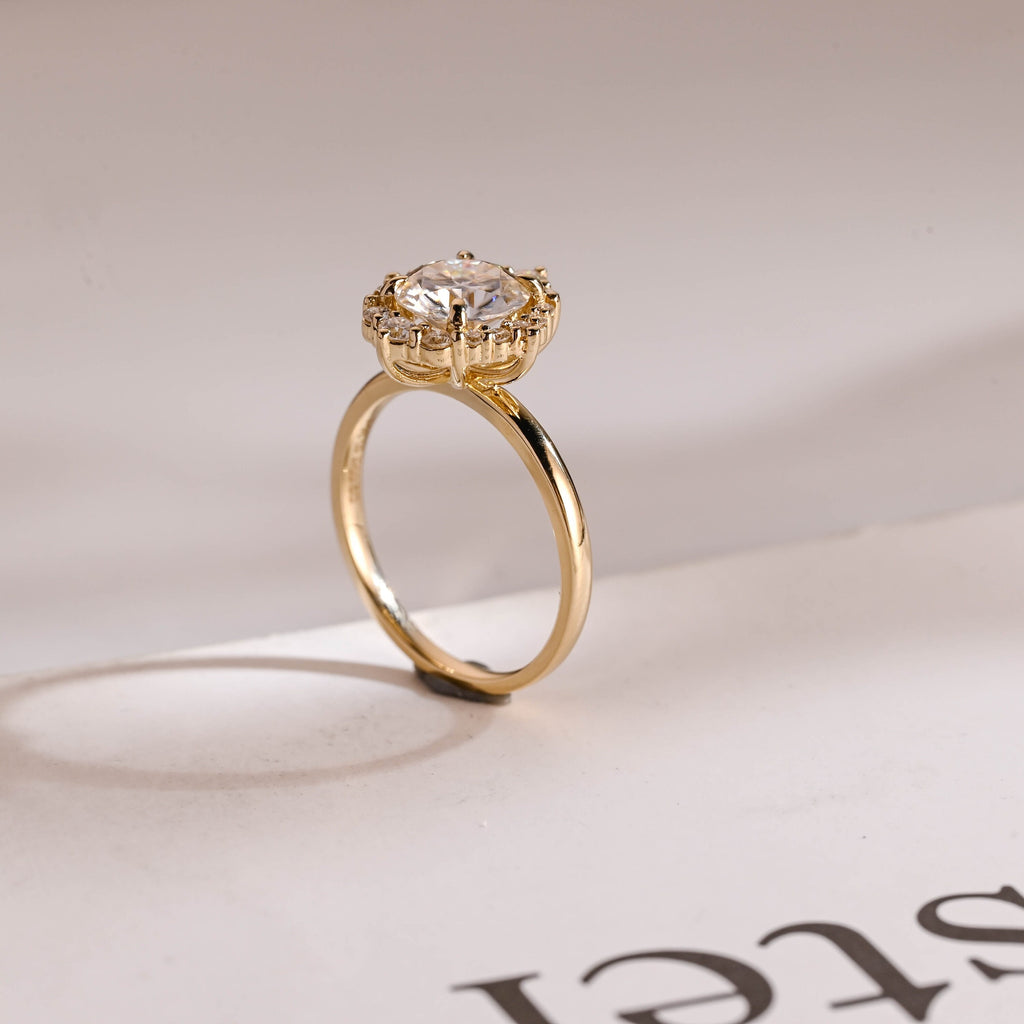 Solid Gold Sunflower Round Moissanite Engagement Ring, Dainty Promise Ring