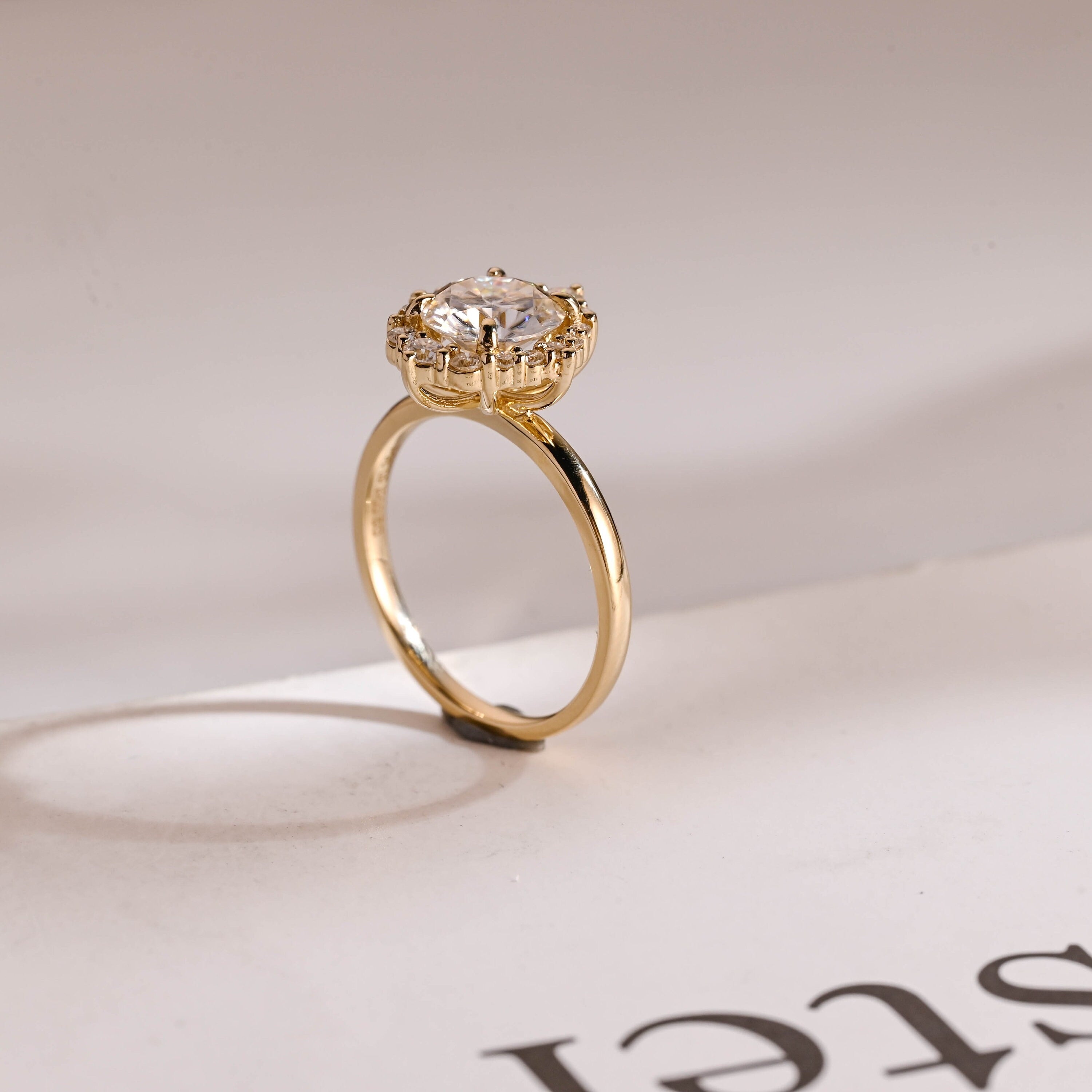 Solid Gold Sunflower Round Moissanite Engagement Ring, Dainty Promise Ring