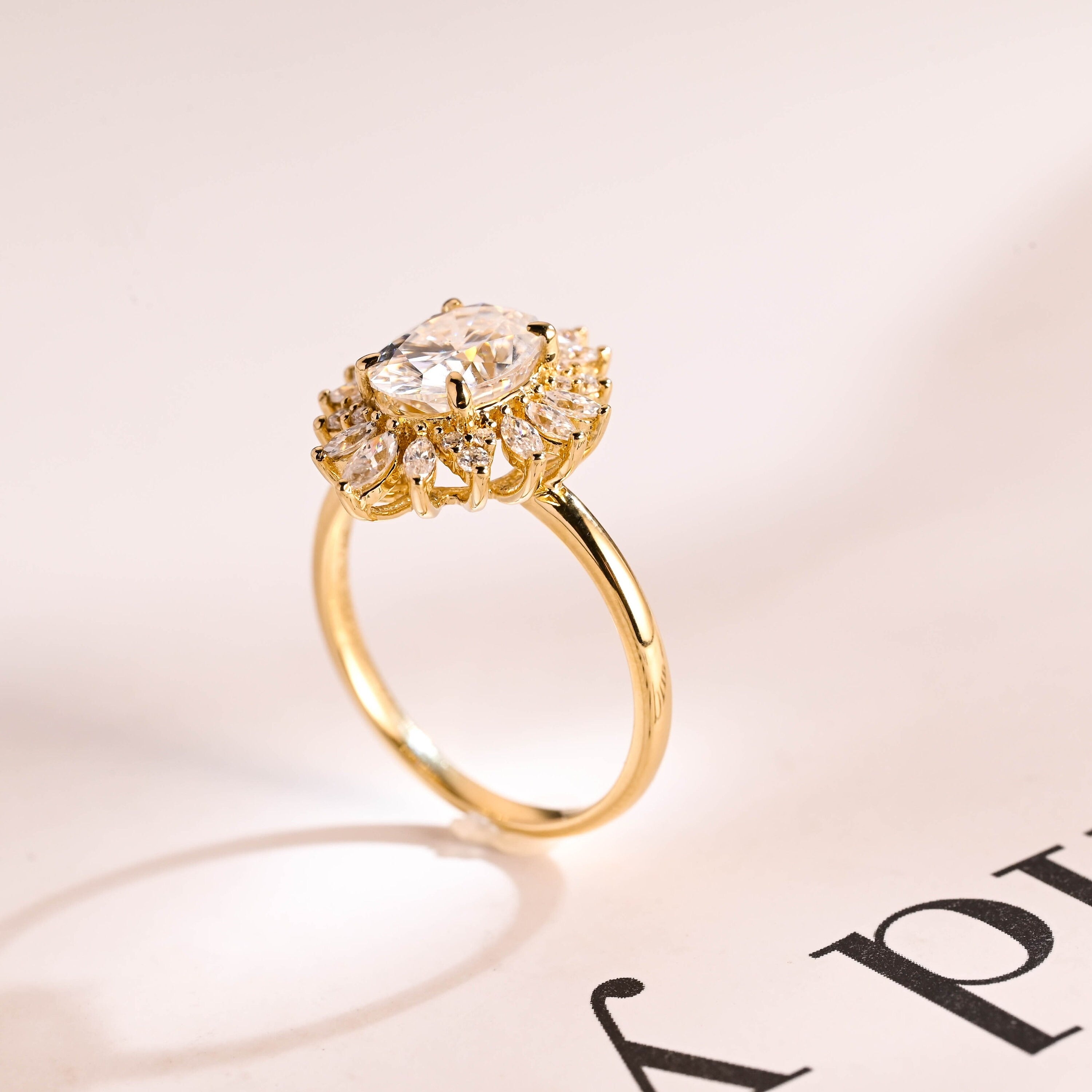 Solid Gold Oval Moissanite Engagement Ring, Floral Halo Proposal Ring Secondary image