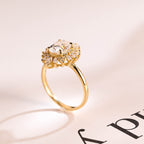 Solid Gold Oval Moissanite Engagement Ring, Floral Halo Proposal Ring