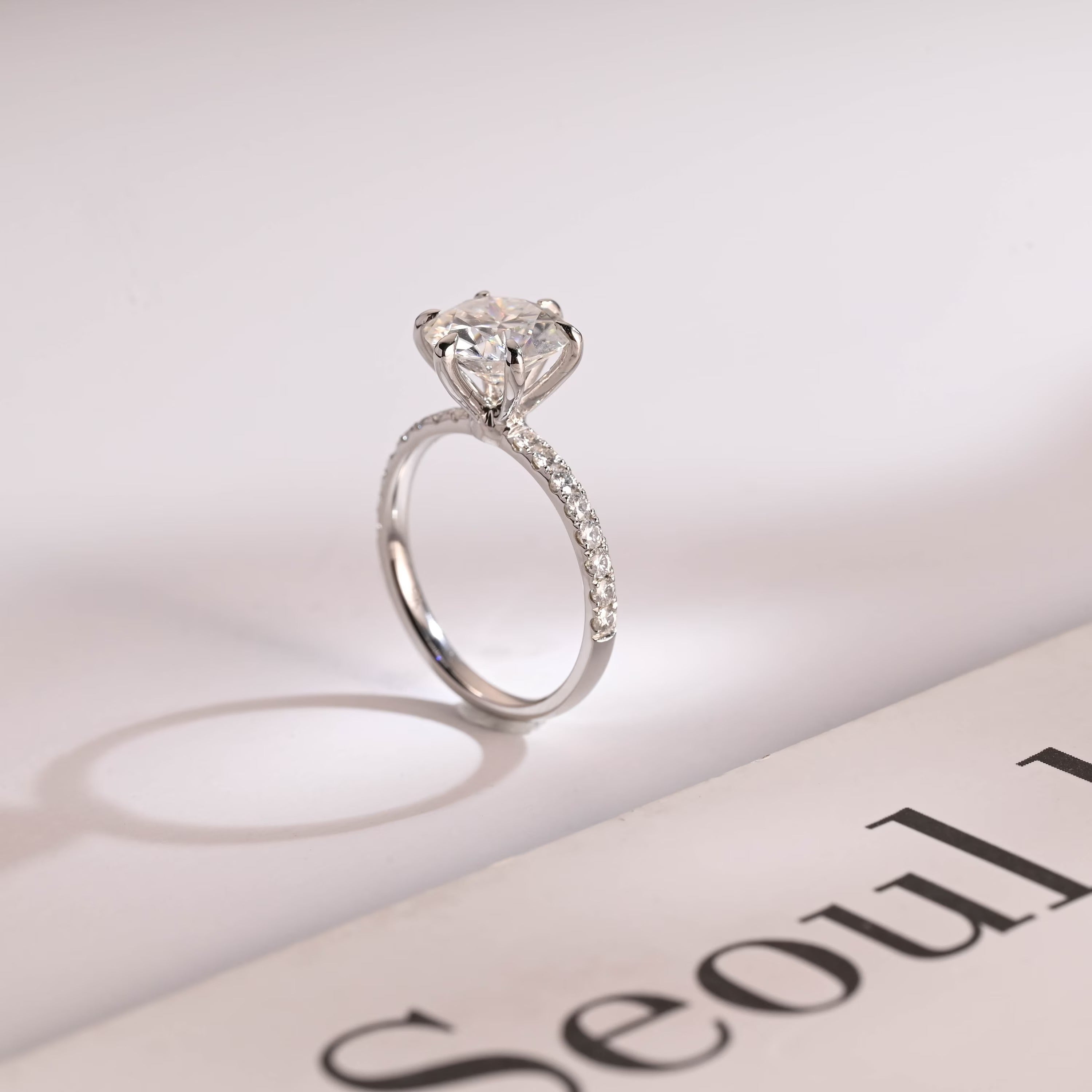 Solid Gold Half Eternity Round Moissanite Engagement Ring, Anniversary Gift for Wife