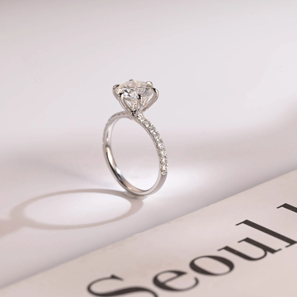 Solid Gold Half Eternity Round Moissanite Engagement Ring, Anniversary Gift for Wife