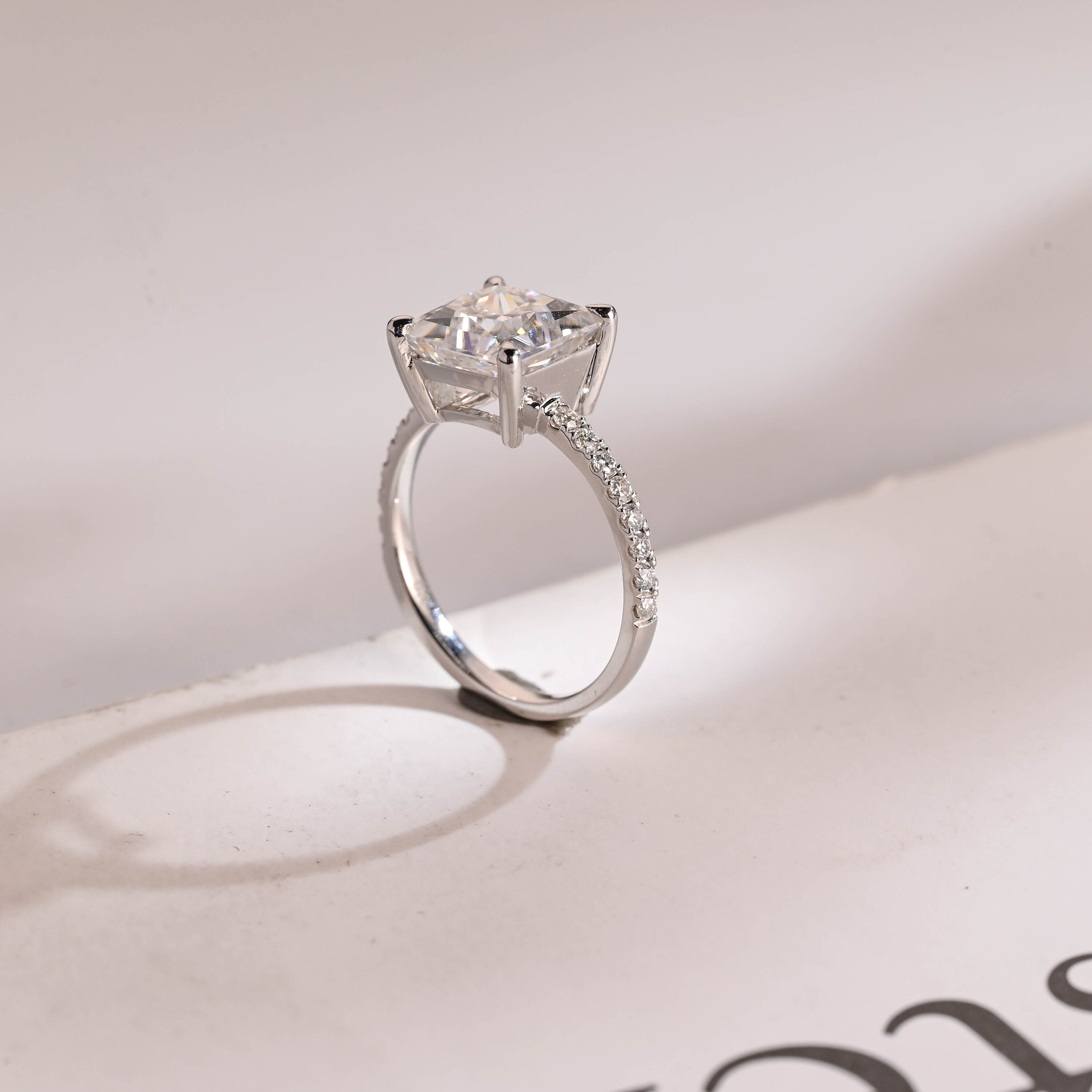 Solid Gold Half Eternity Princess Cut Moissanite Engagement Ring, Promise Ring
