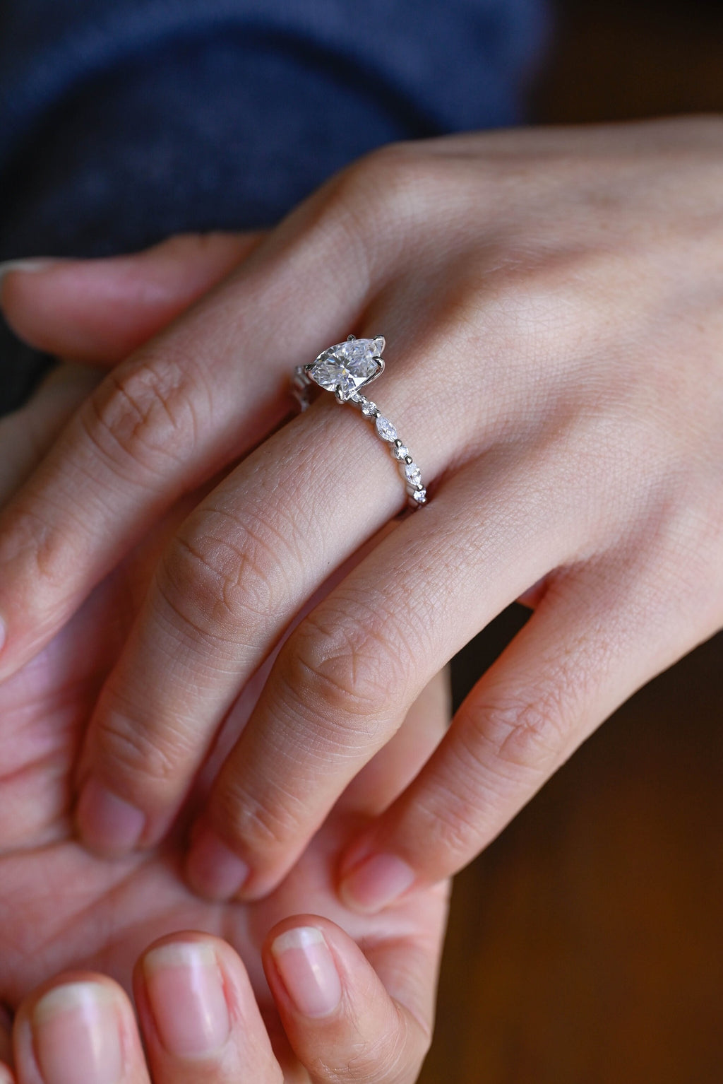 Solid Gold Pear Cut Moissanite Engagement Ring, Promise Ring