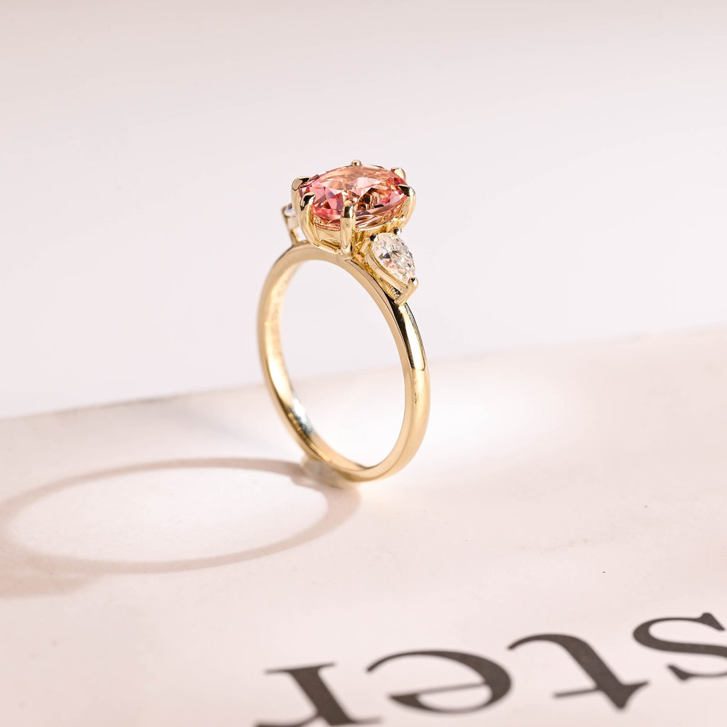 Solid Gold Oval Cut Moissanite Pink Sapphire Engagement Ring with Pear Moissanite