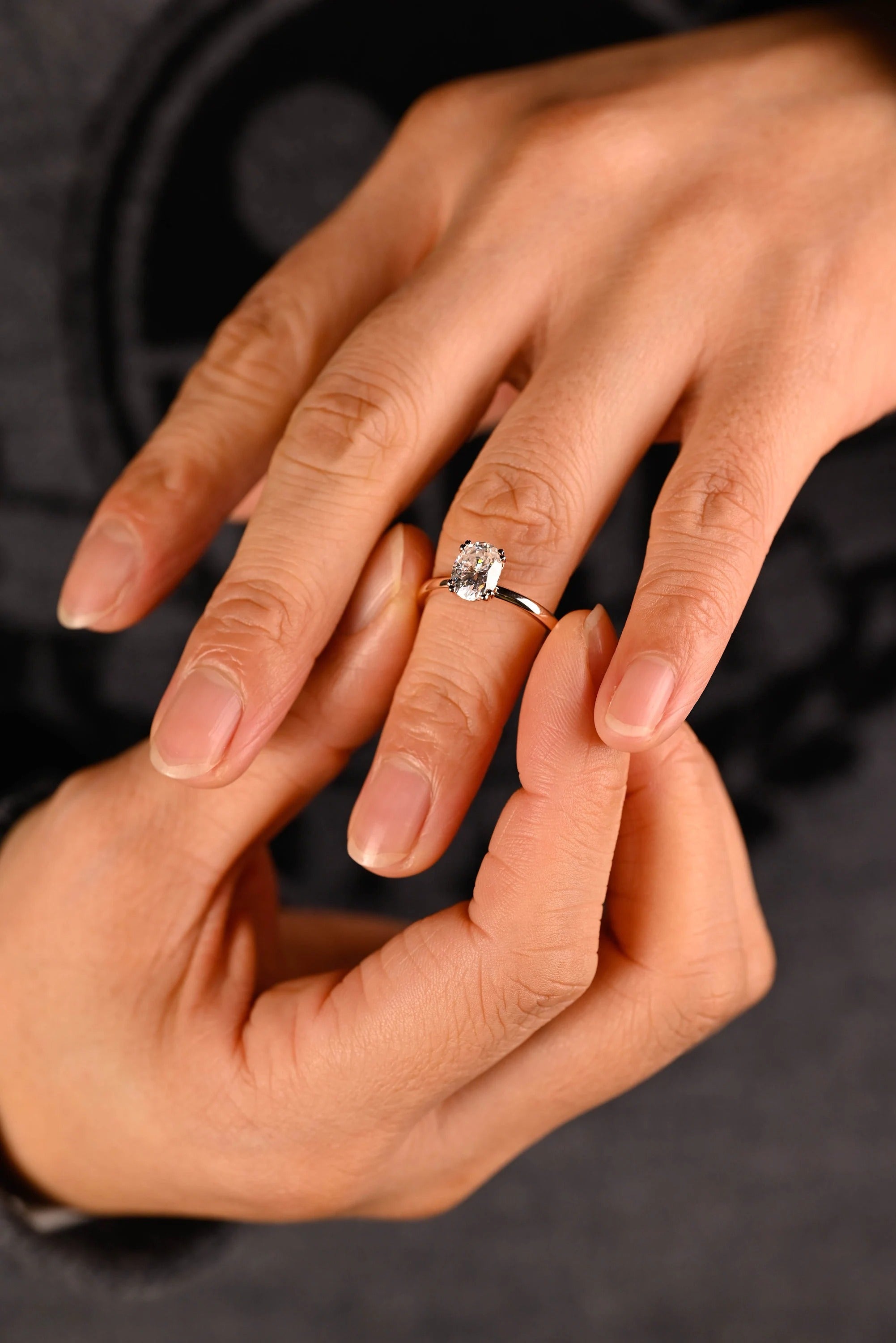 Solid Gold Double Prongs Oval Moissanite Engagement Ring, Promise Ring