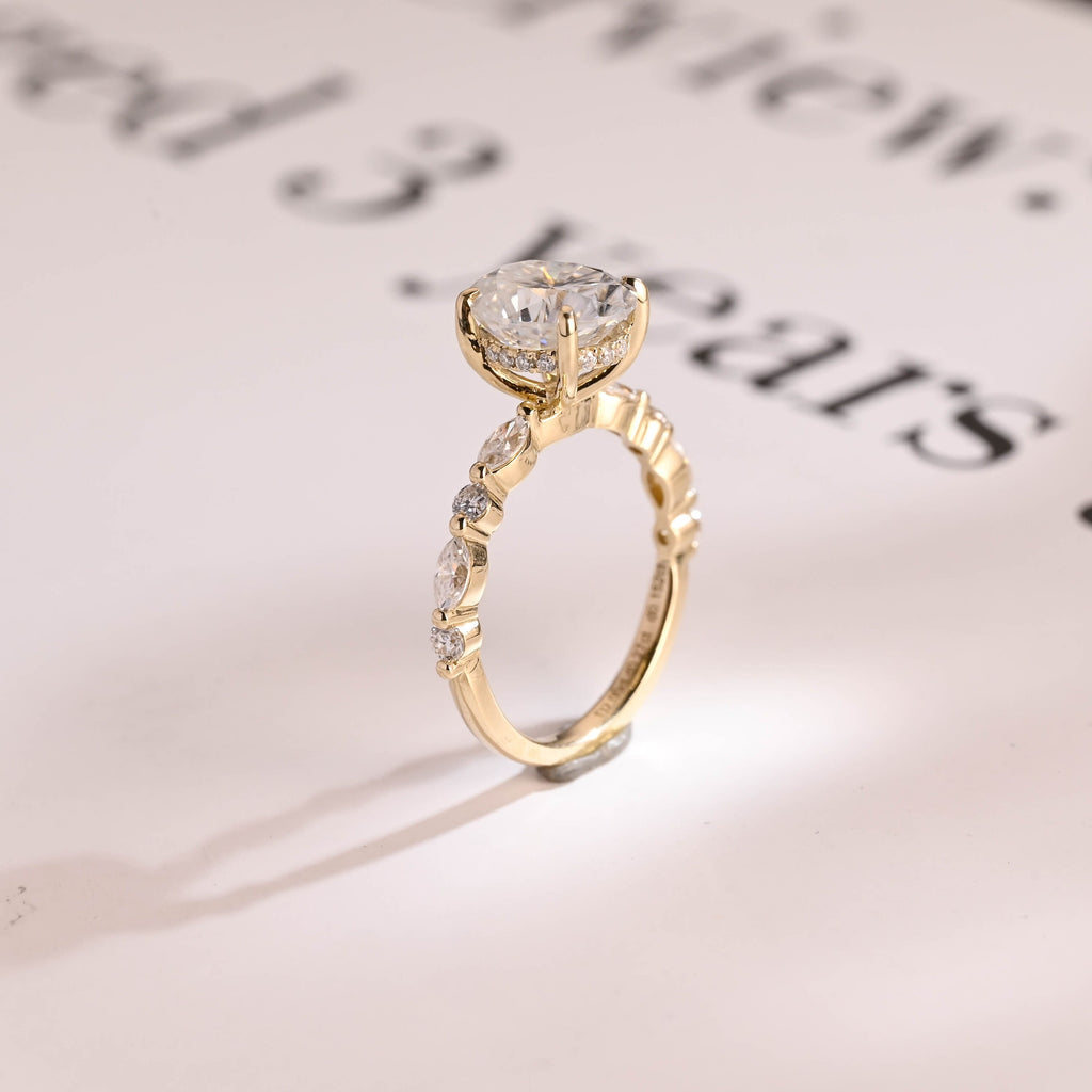 Solid Gold Oval Moissanite Engagement Ring, Hidden Halo Proposal Ring