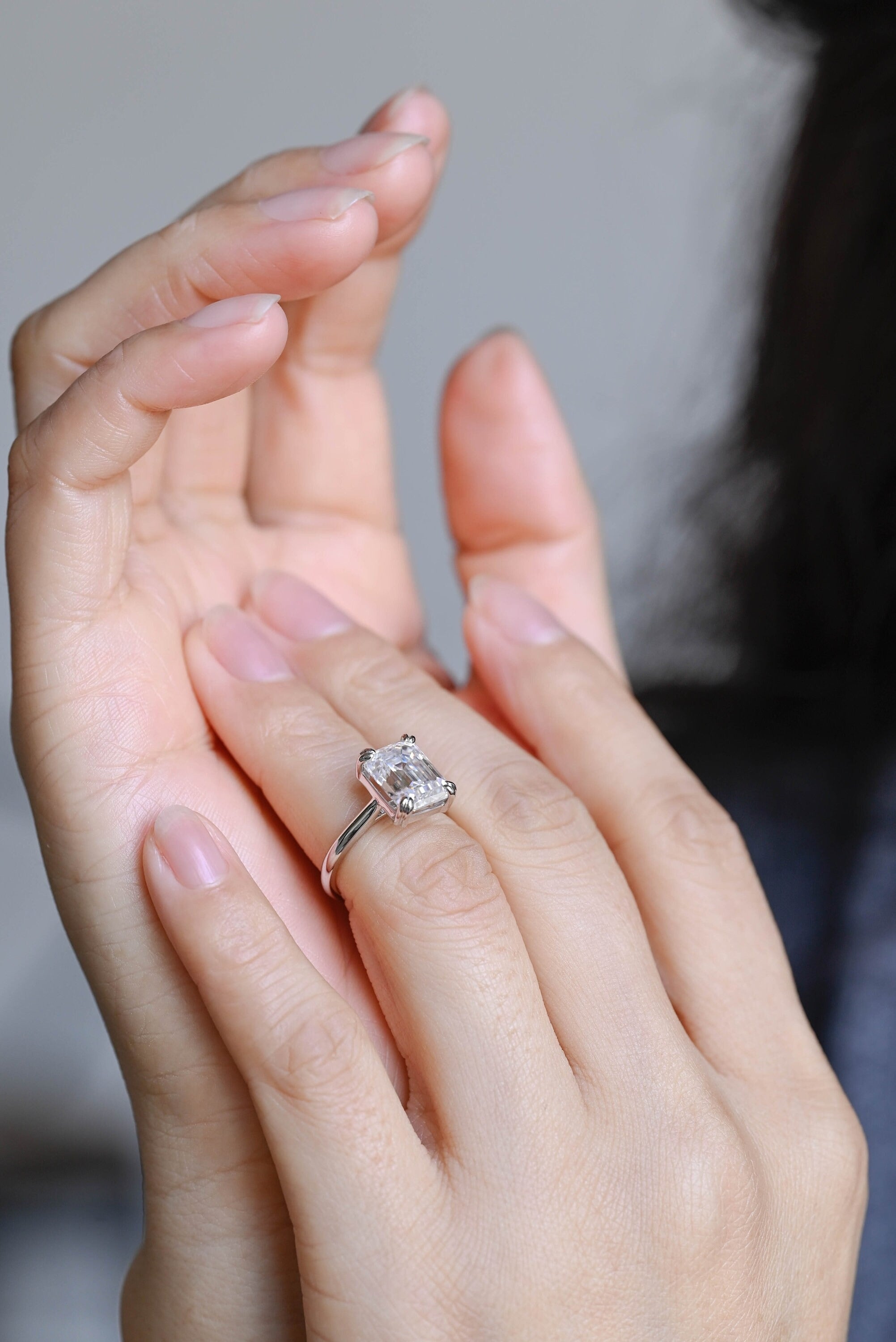Solid Gold Double Claws Emerald Cut Moissanite Engagement Ring, Anniversary Gift Secondary image