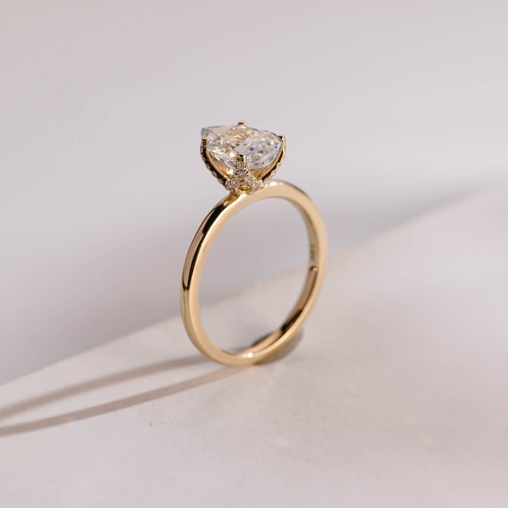 Solid Gold Tulip Flower Pave Crushed Ice Pear Moissanite Engagement Ring