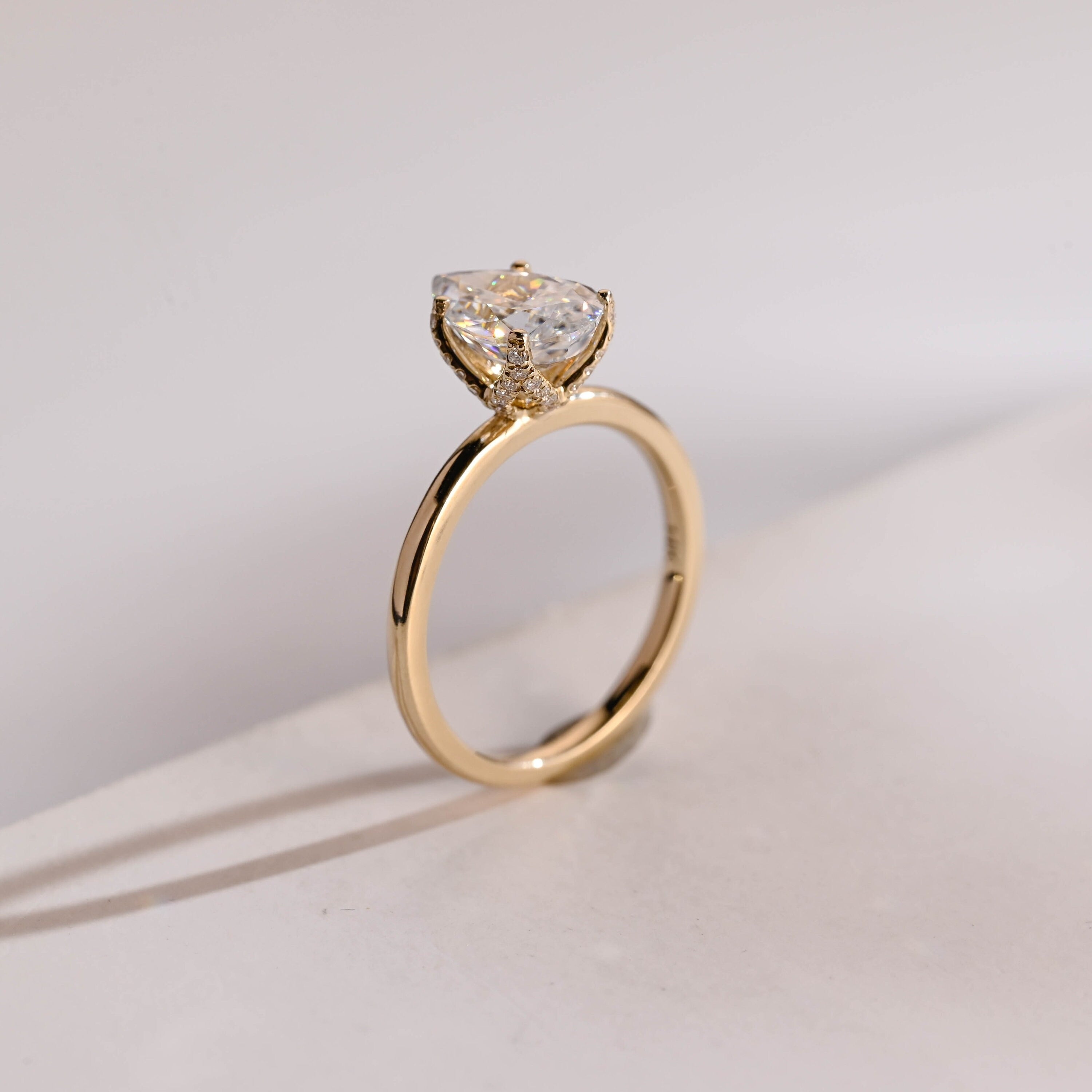 Solid Gold Tulip Flower Pave Crushed Ice Pear Moissanite Engagement Ring