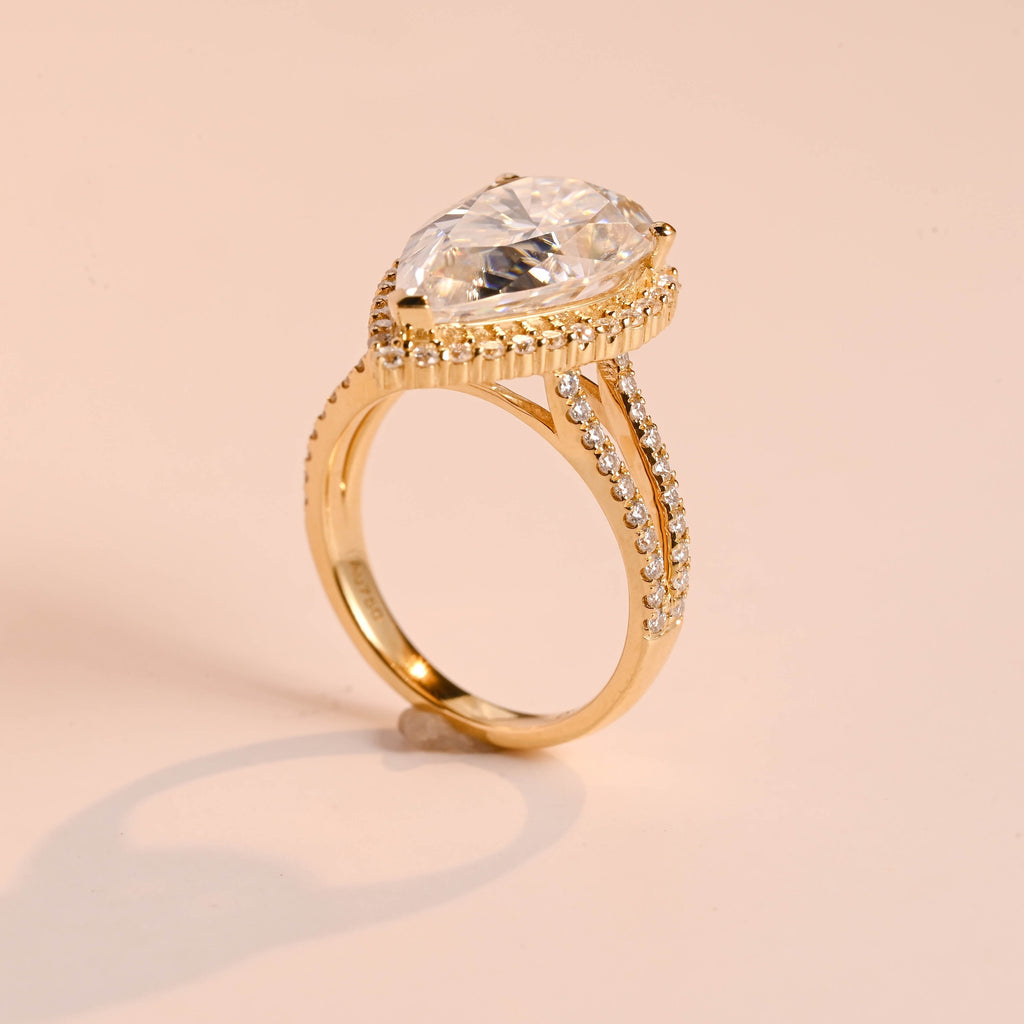 Solid Gold Pear Moissanite Engagement Ring, Double Band Split Shank Halo & Half Eternity Proposal Ring