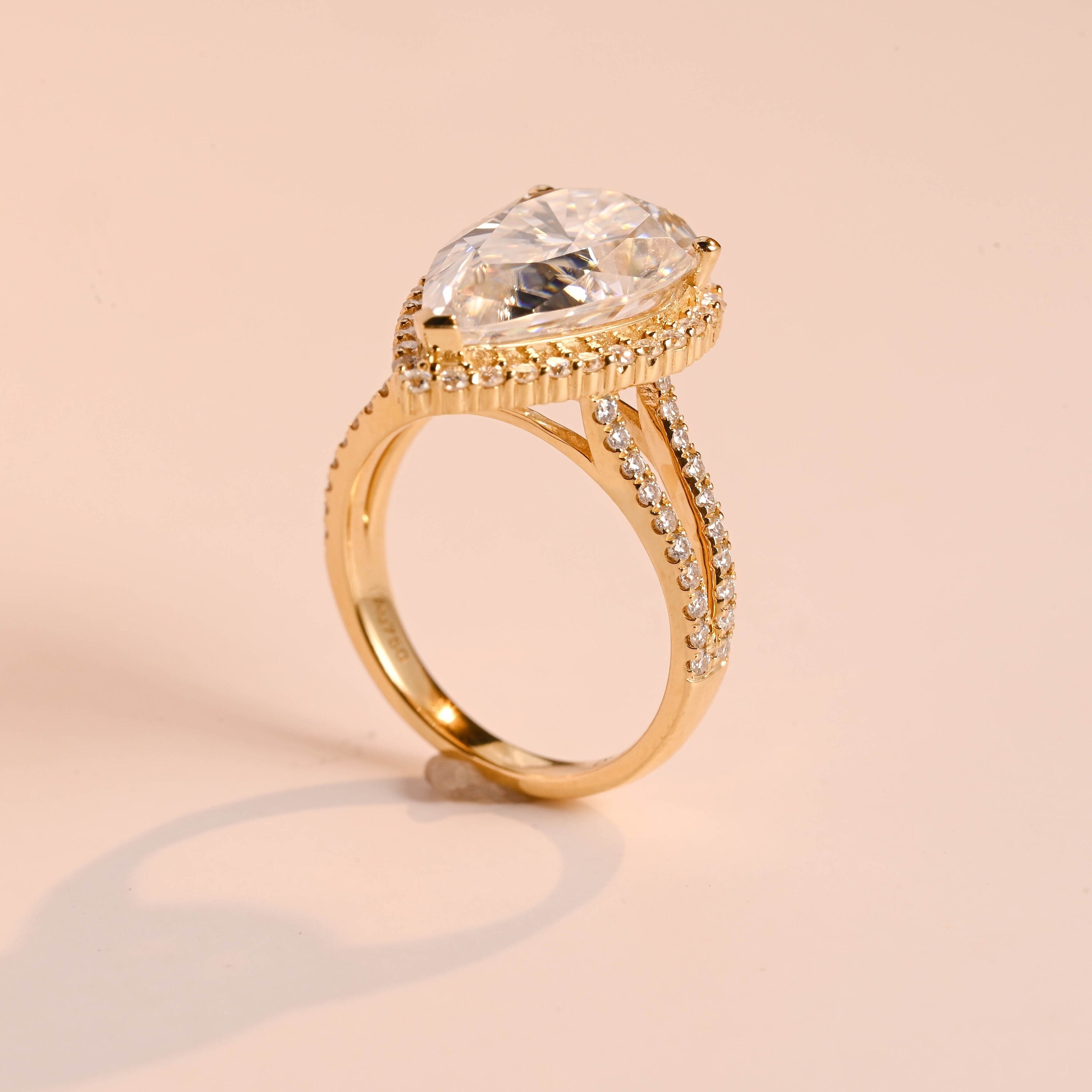 Solid Gold Pear Moissanite Engagement Ring, Double Band Split Shank Halo & Half Eternity Proposal Ring