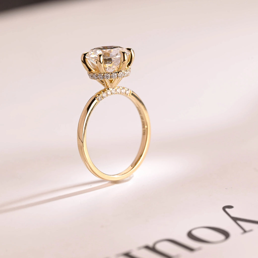 Solid Gold Hidden Halo Round Moissanite Engagement Ring, Anniversary Gift