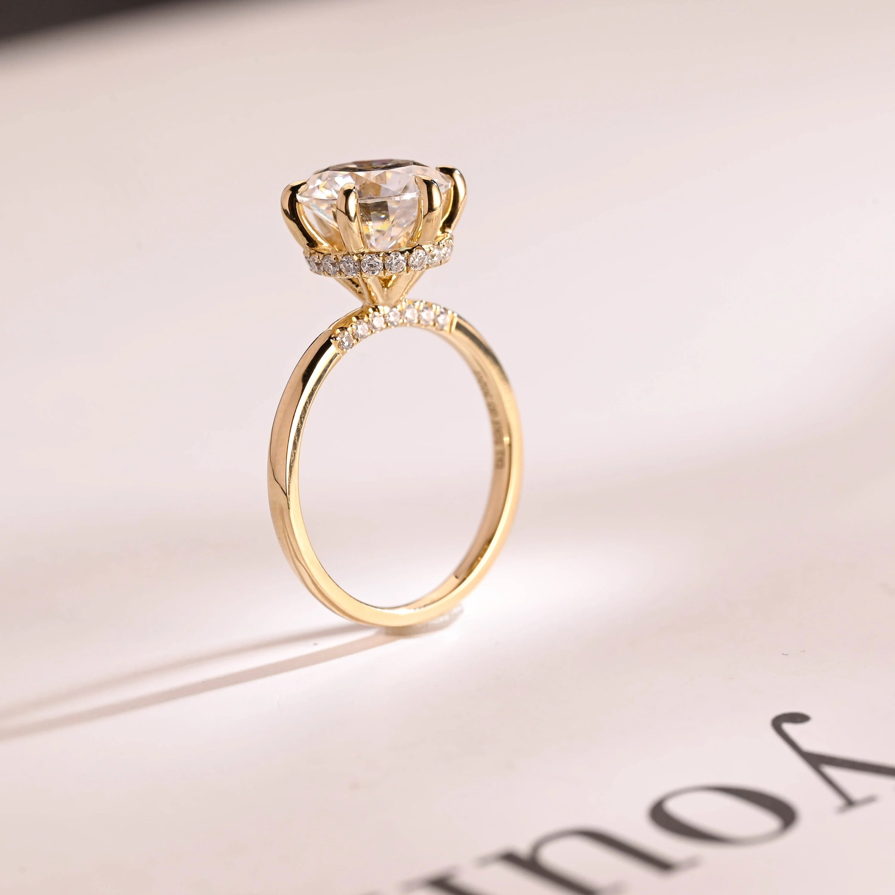 Solid Gold Hidden Halo Round Moissanite Engagement Ring, Anniversary Gift