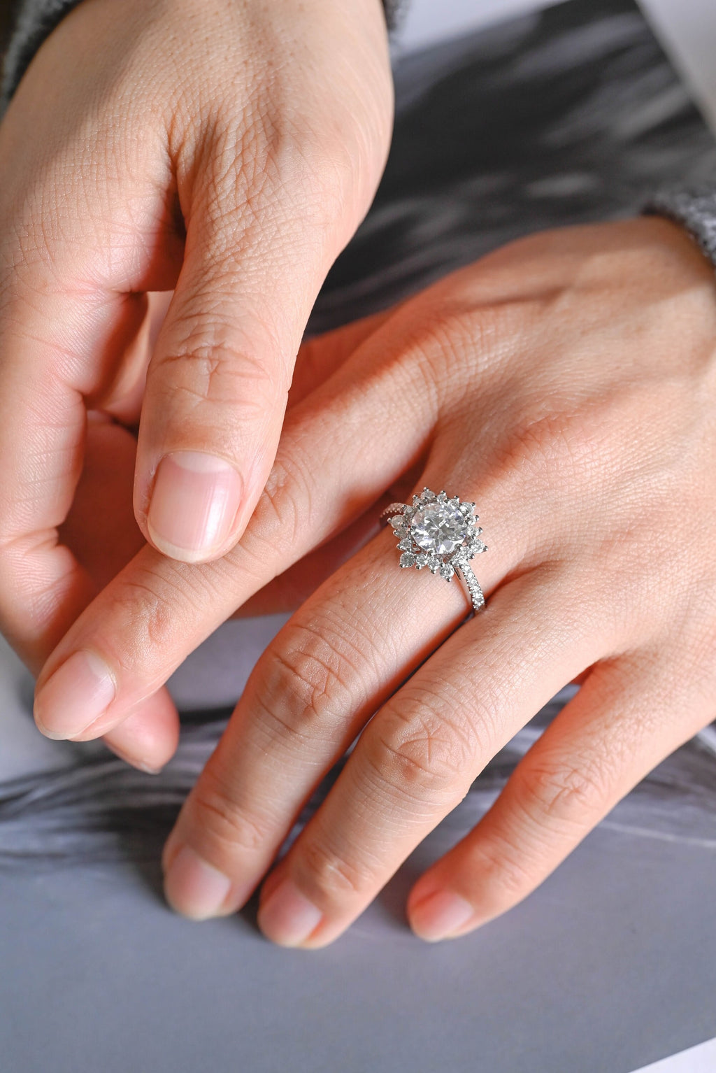 Solid Gold Sunflower Round Moissanite Engagement Ring, Half Eternity Promise Ring