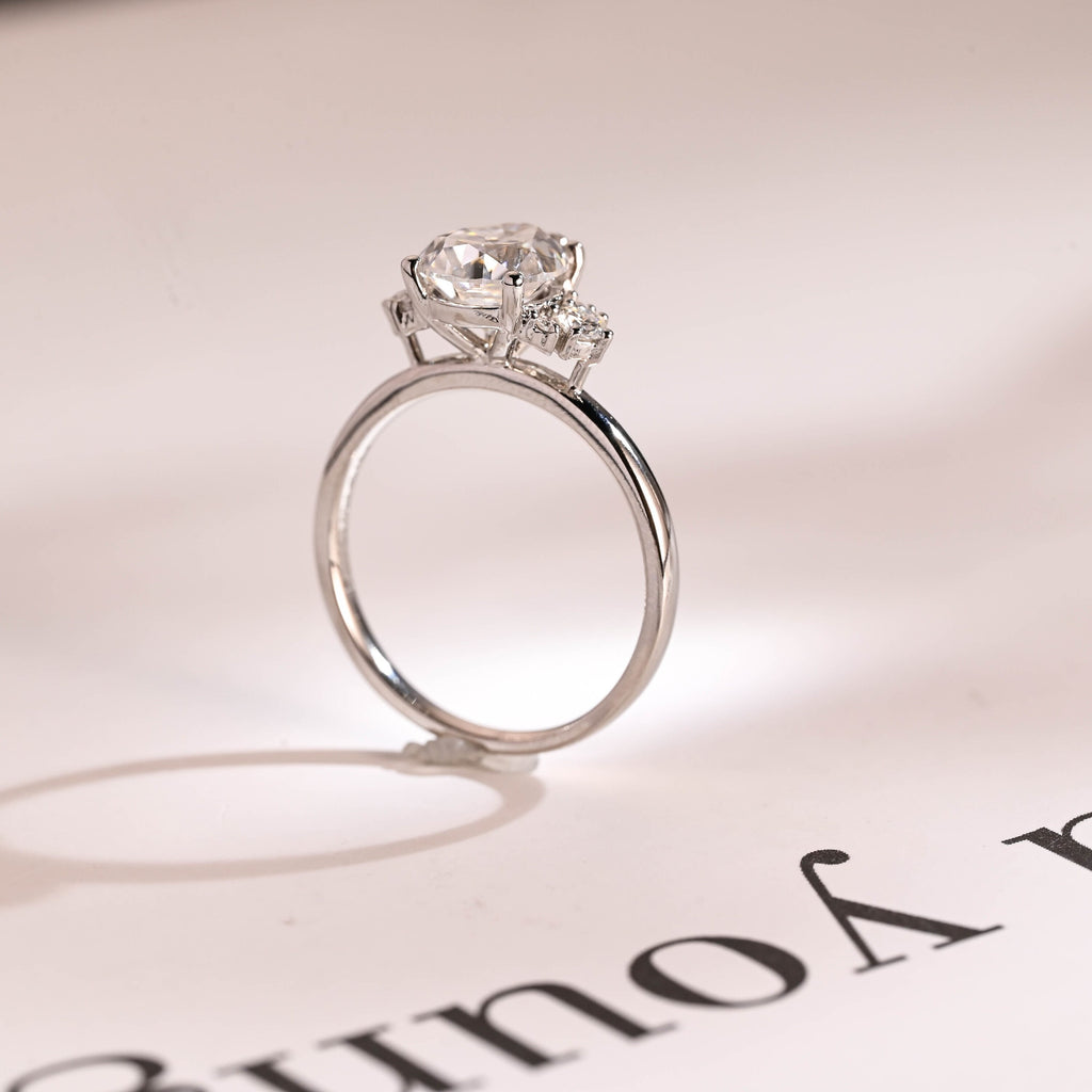 Solid Gold Pear Moissanite Engagement Ring with Accent Stone, Tear Drop Ring