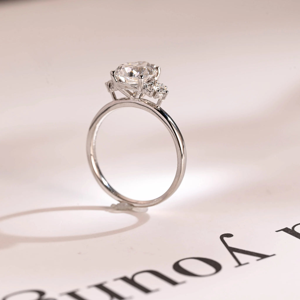 Solid Gold Pear Moissanite Engagement Ring with Accent Stone, Tear Drop Ring