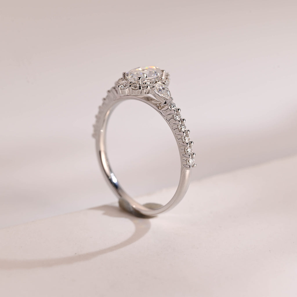 Solid Gold Halo Crushed Ice Oval Moissanite Engagement Ring, Half Eternity Proposal Ring