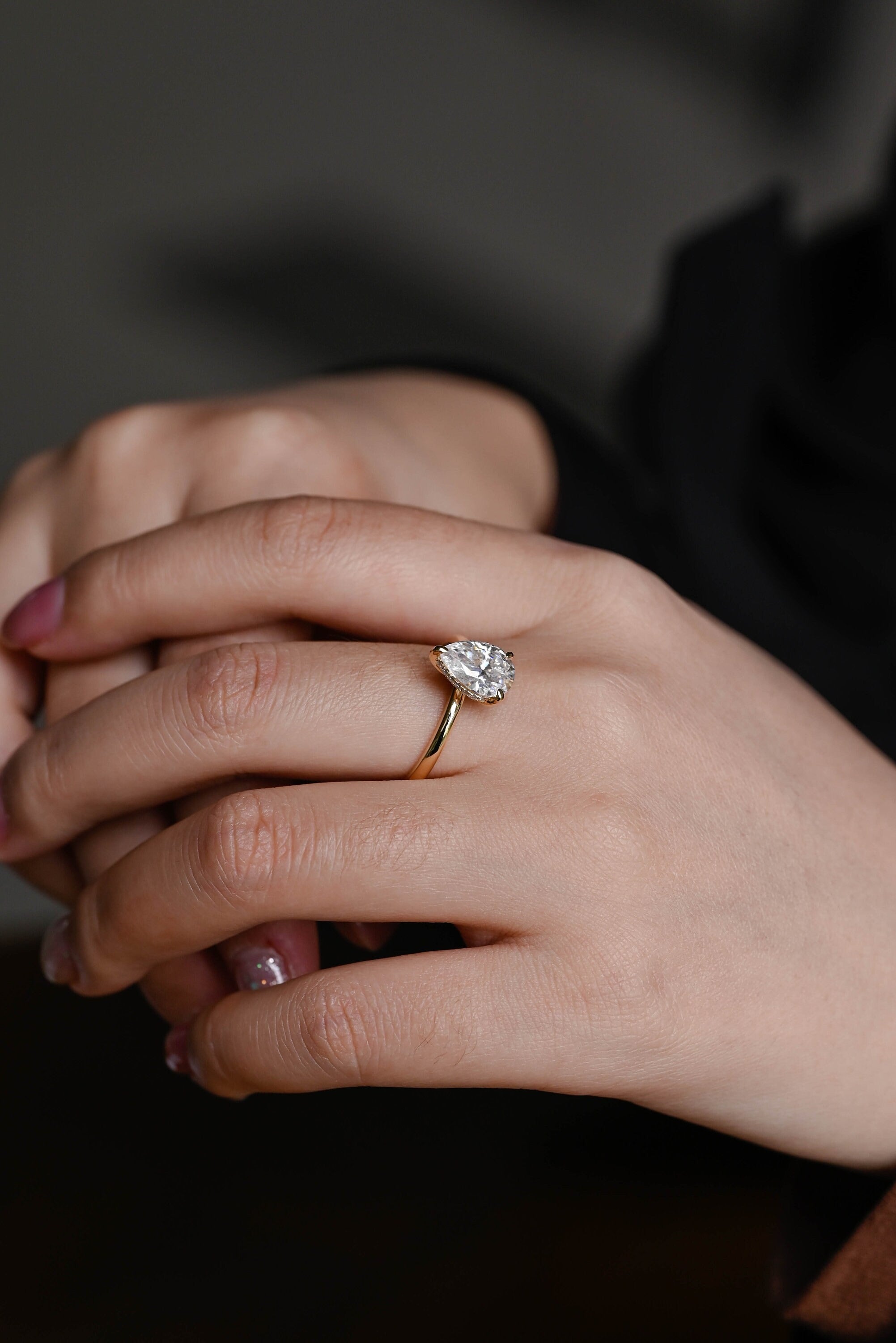 Solid Gold Pear Moissanite Engagement Ring, Hidden Halo Promise Ring