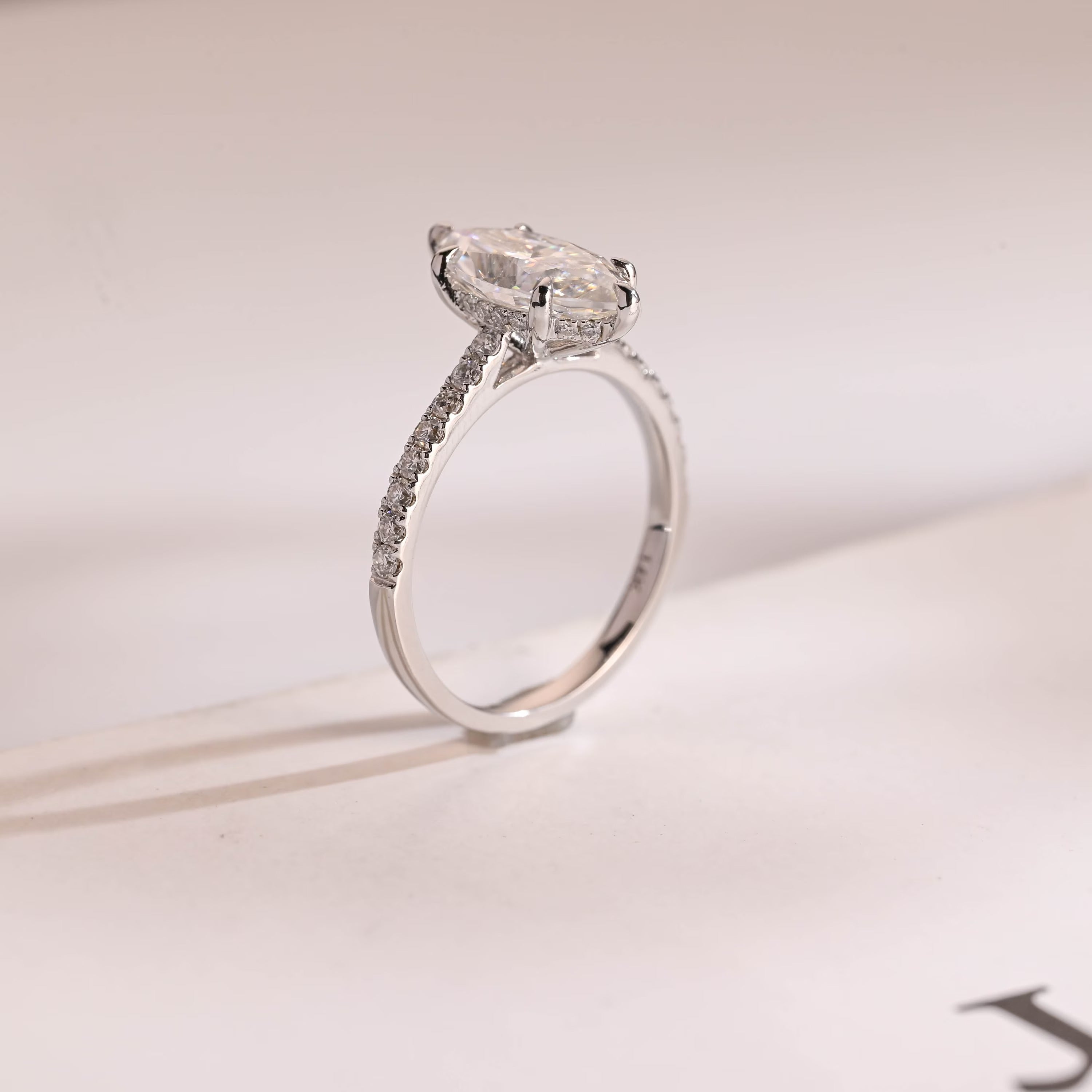 Solid Gold Marquise Cut Moissanite Engagement Ring with Hidden Halo